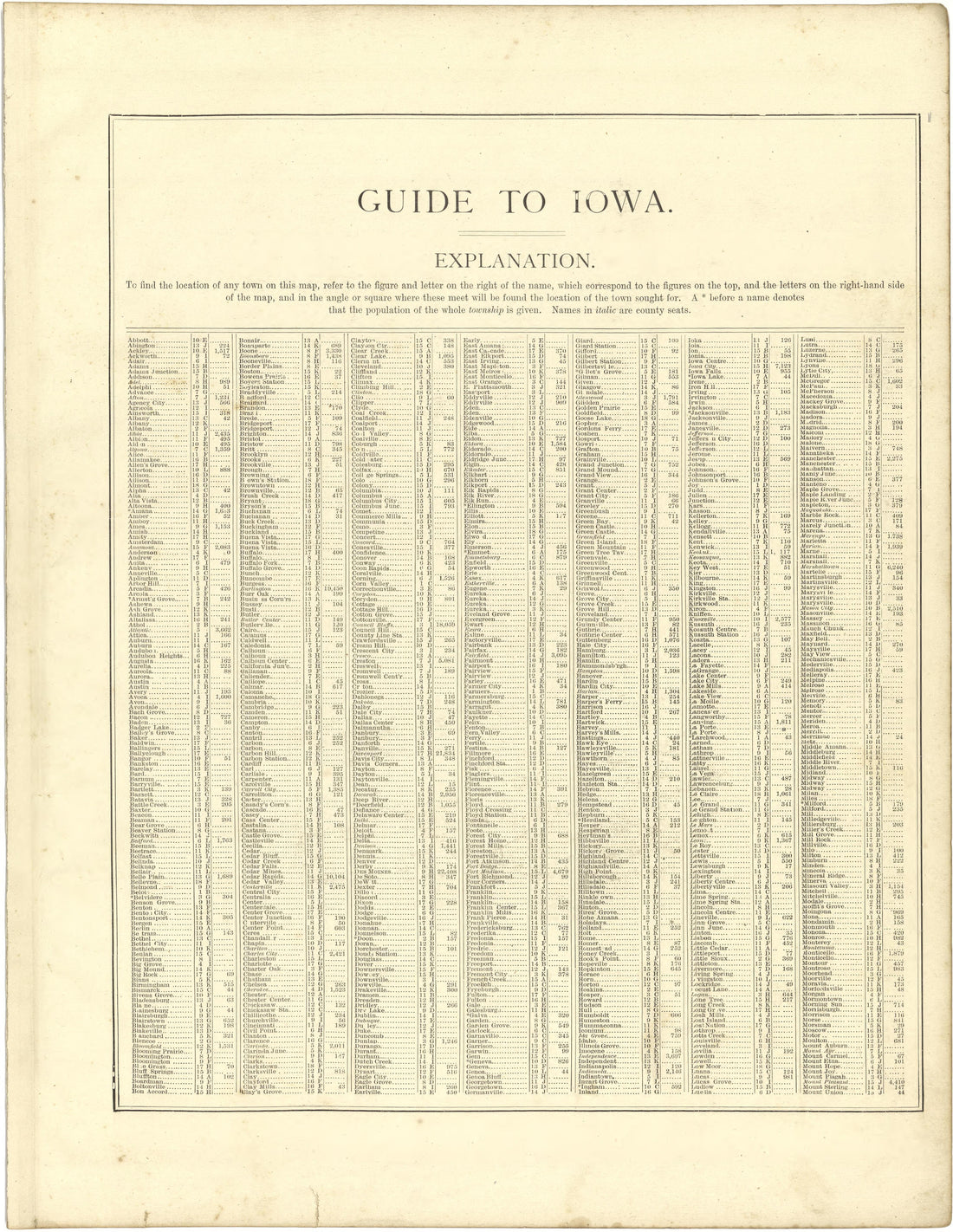 Guide to Iowa from Illustrated Atlas of Lake County, Illinois : Containing Maps of Every Township In the County, With Village and City Plats : Also Maps of Michigan ... Texas, and Washington Territory : Compiled … 1885 by Relic Map Company