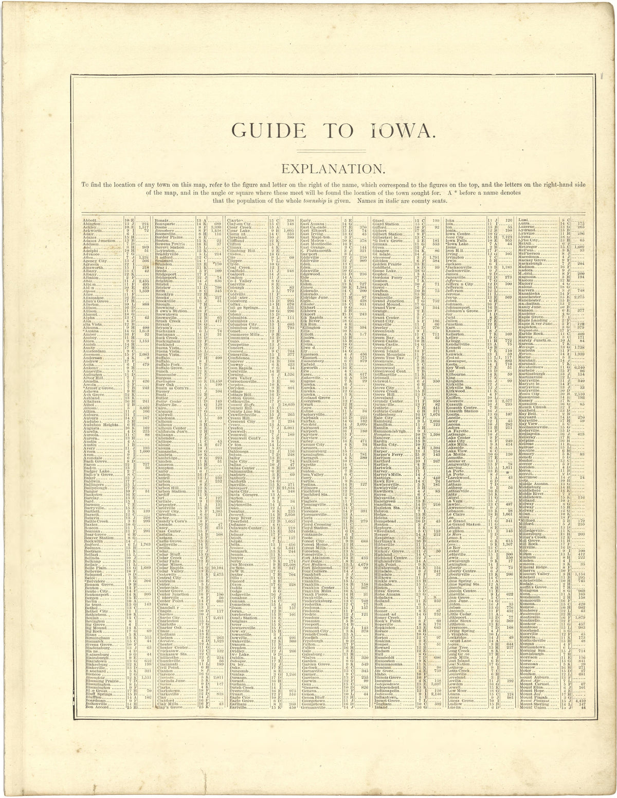 Guide to Iowa from Illustrated Atlas of Lake County, Illinois : Containing Maps of Every Township In the County, With Village and City Plats : Also Maps of Michigan ... Texas, and Washington Territory : Compiled … 1885 by Relic Map Company