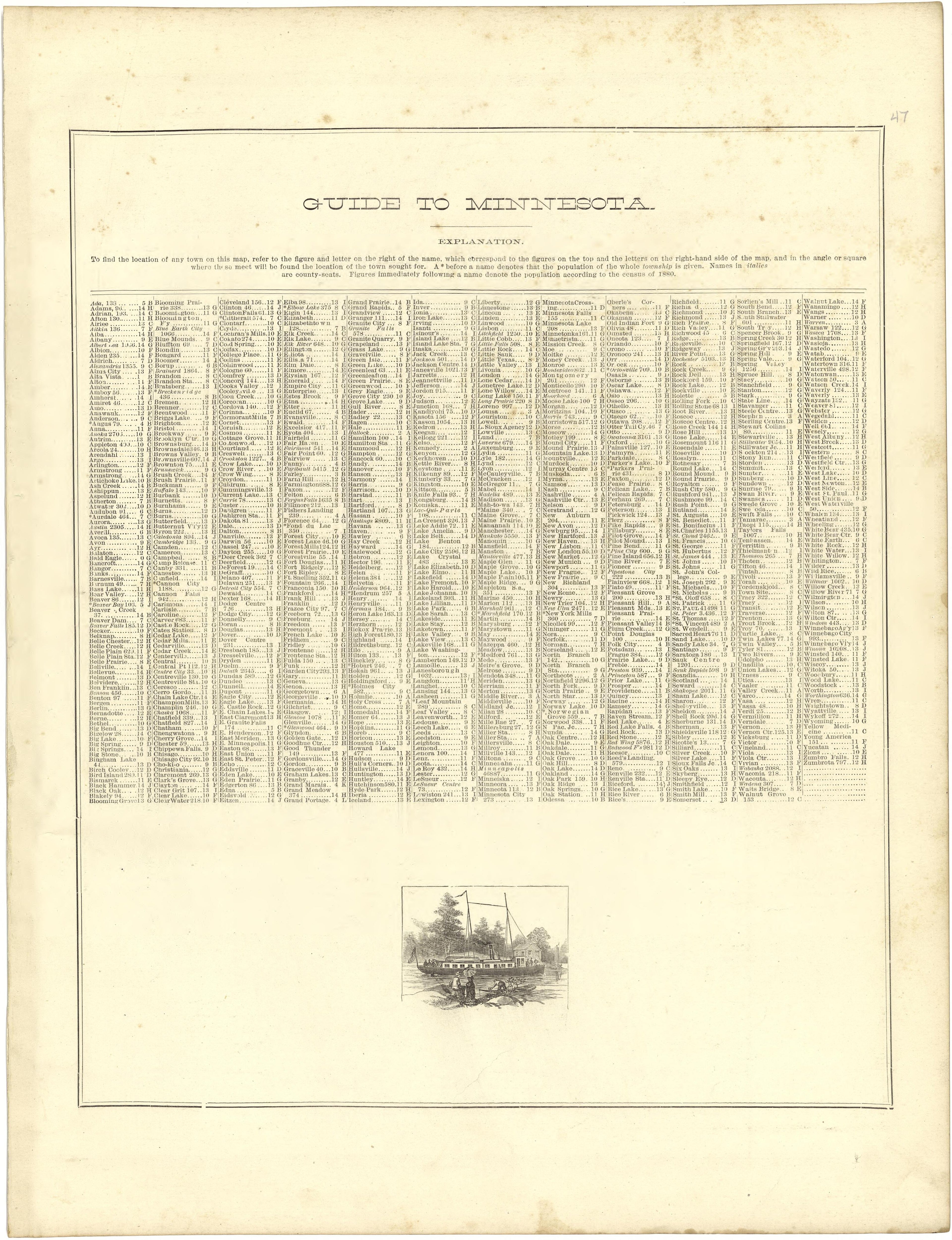 Guide to Minnesota from Illustrated Atlas of Lake County, Illinois : Containing Maps of Every Township In the County, With Village and City Plats : Also Maps of Michigan ... Texas, and Washington Territory : Compiled … 1885 by Relic Map Company