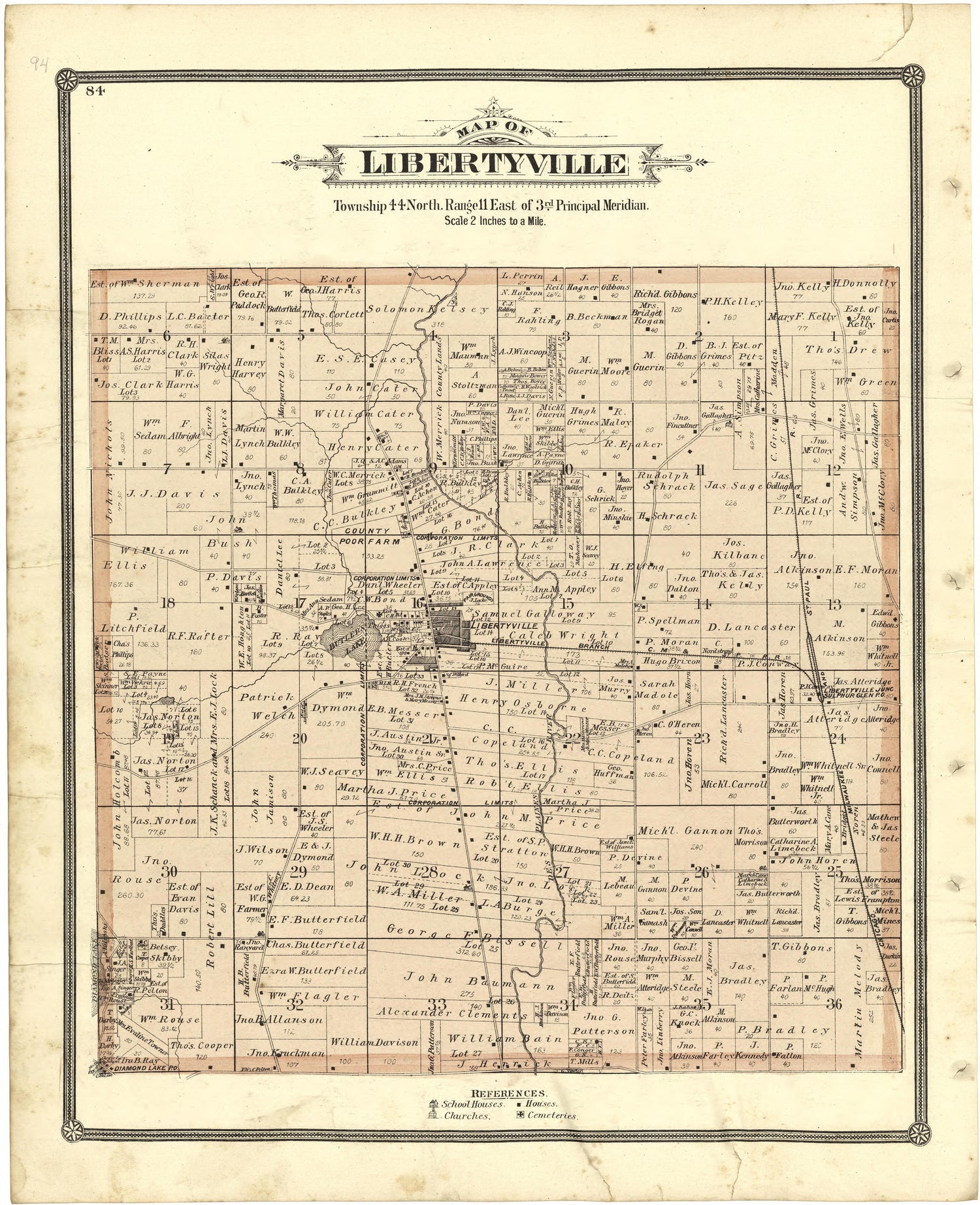 Map of Libertyville from Illustrated Atlas of Lake County, Illinois : Containing Maps of Every Township In the County, With Village and City Plats : Also Maps of Michigan ... Texas, and Washington Territory : Compiled … 1885 by Relic Map Company