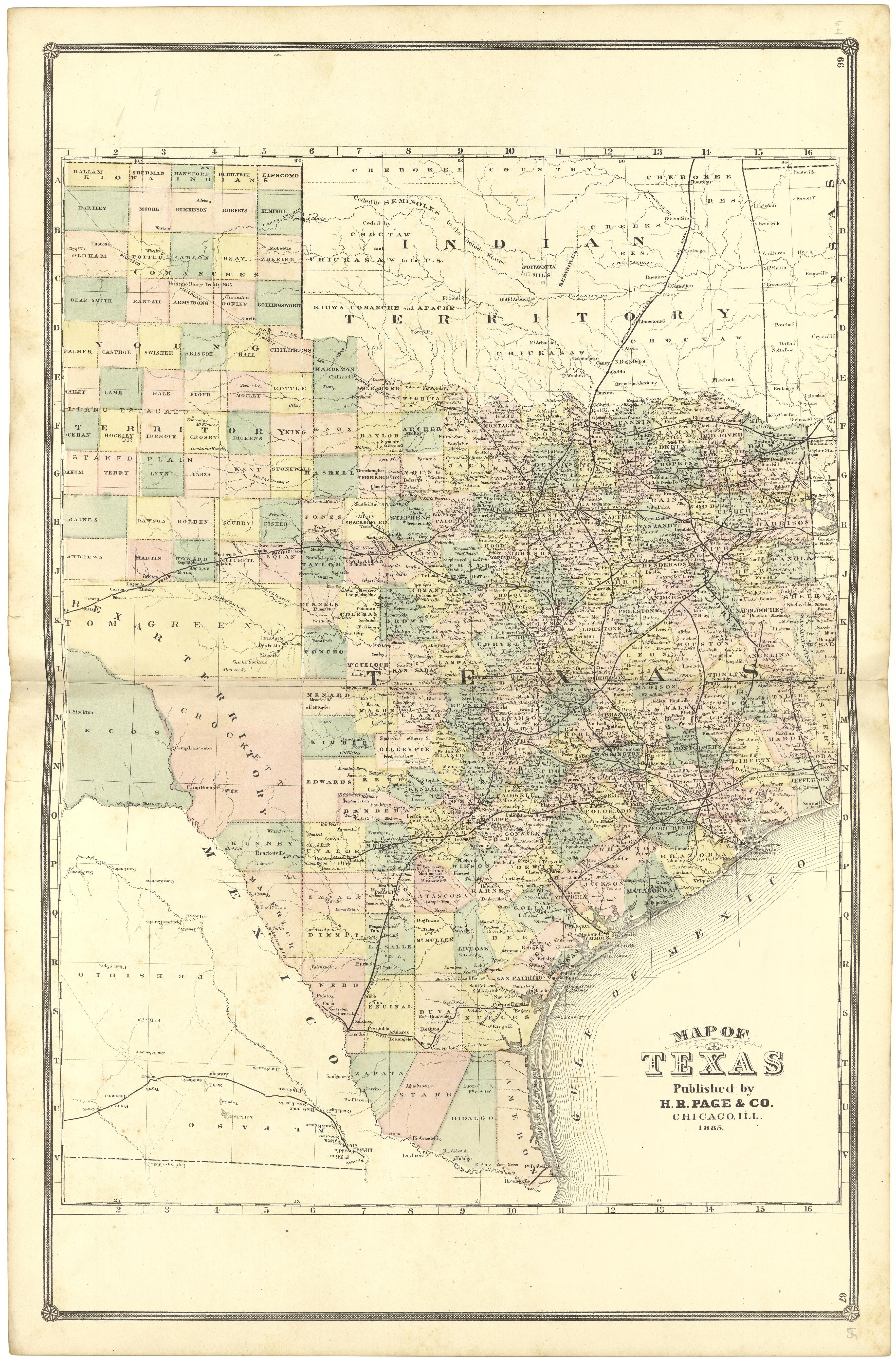 Map of Texas from Illustrated Atlas of Lake County, Illinois : Containing Maps of Every Township In the County, With Village and City Plats : Also Maps of Michigan ... Texas, and Washington Territory : Compiled … 1885 by Relic Map Company