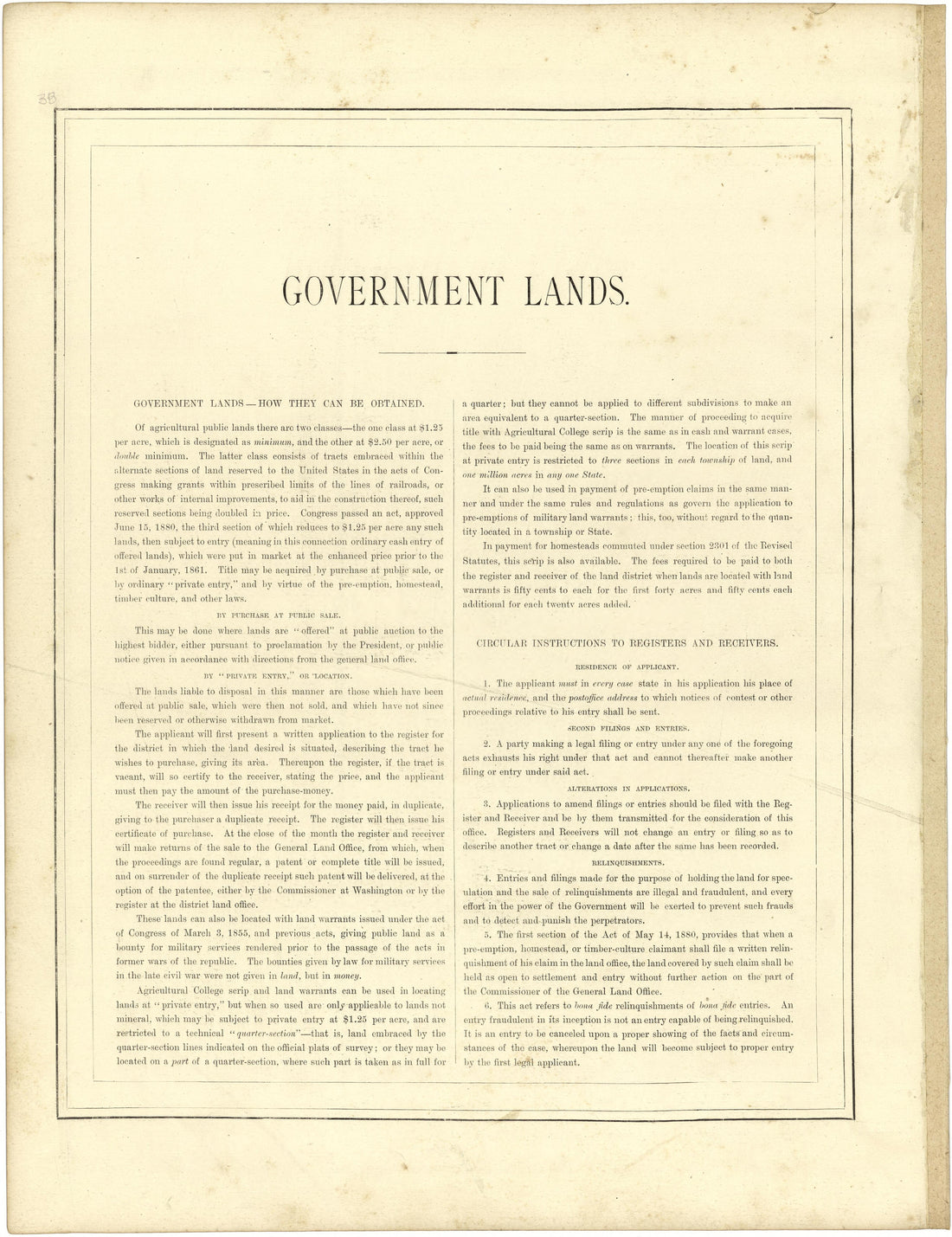 Government Lands from Illustrated Atlas of Lake County, Illinois : Containing Maps of Every Township In the County, With Village and City Plats : Also Maps of Michigan ... Texas, and Washington Territory : Compiled … 1885 by Relic Map Company