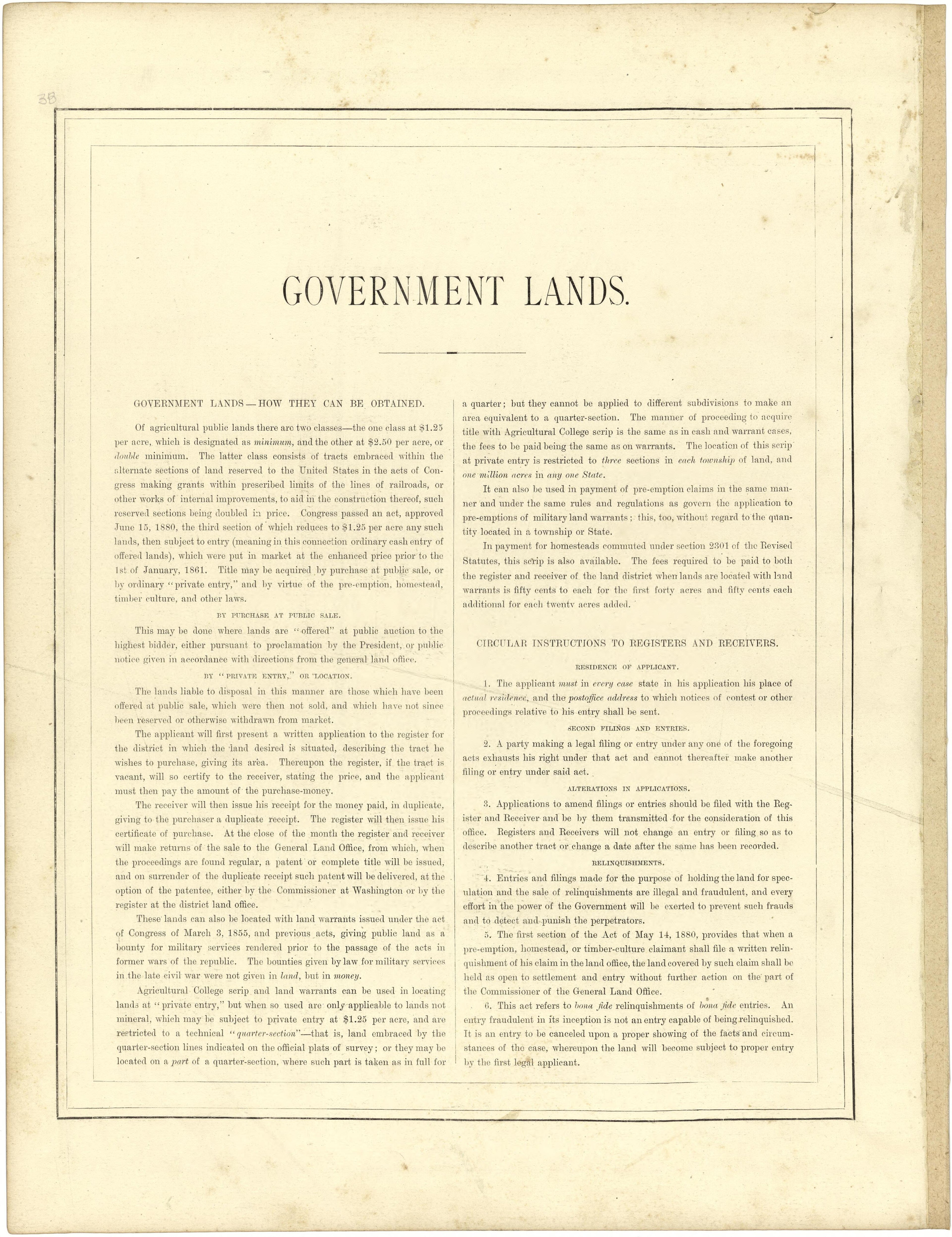 Government Lands from Illustrated Atlas of Lake County, Illinois : Containing Maps of Every Township In the County, With Village and City Plats : Also Maps of Michigan ... Texas, and Washington Territory : Compiled … 1885 by Relic Map Company
