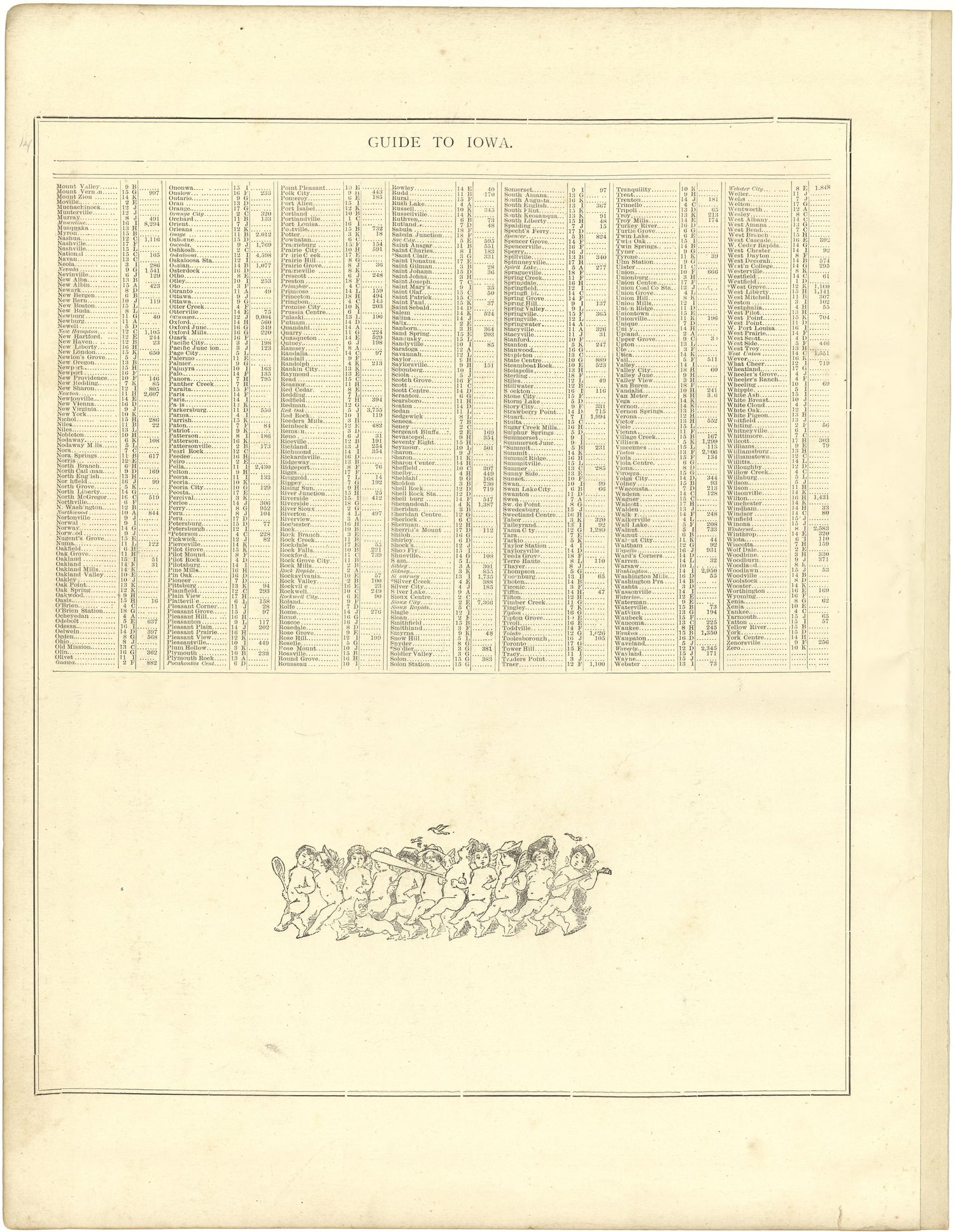 Guide to Iowa from Illustrated Atlas of Lake County, Illinois : Containing Maps of Every Township In the County, With Village and City Plats : Also Maps of Michigan ... Texas, and Washington Territory : Compiled … 1885 by Relic Map Company