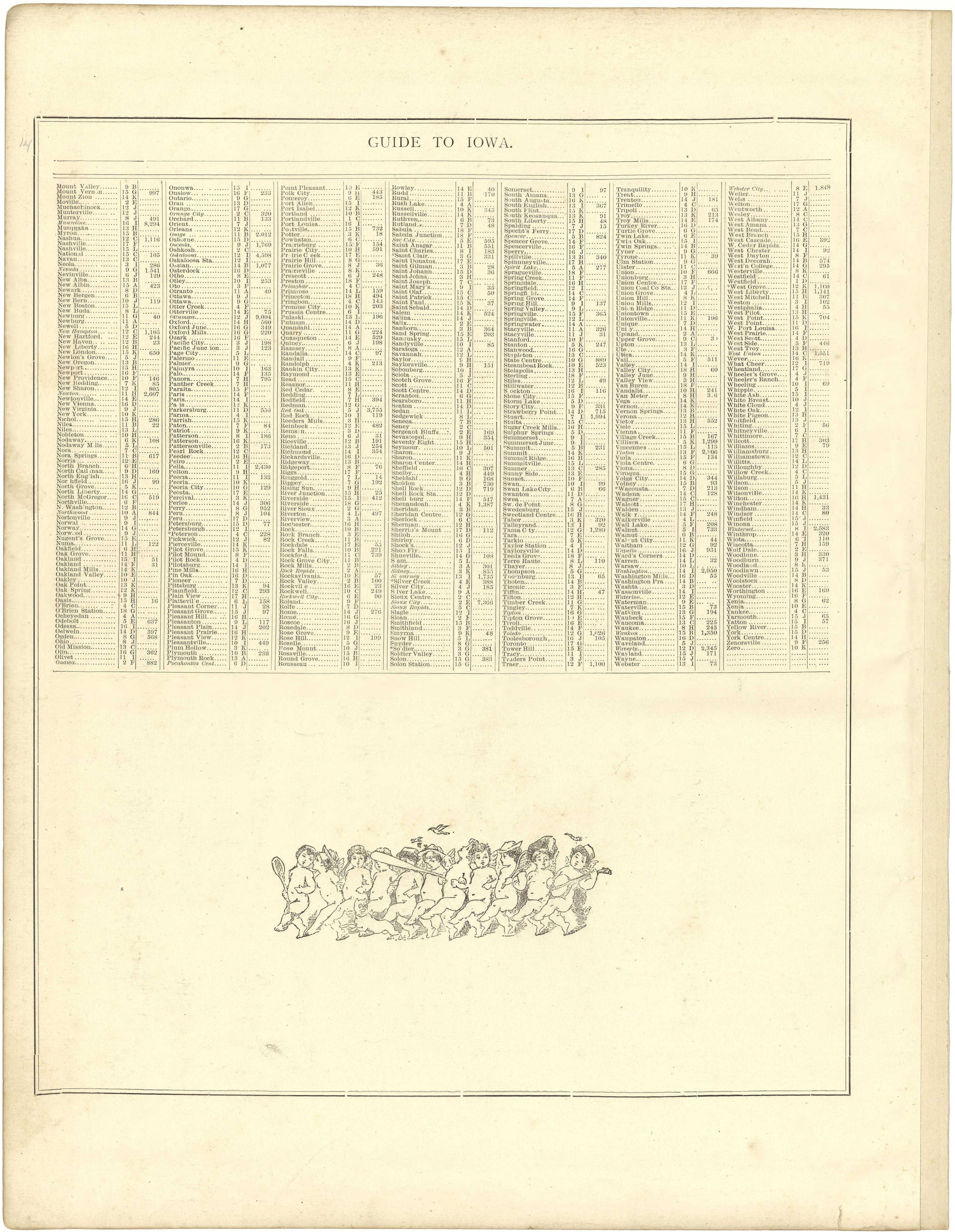 Guide to Iowa from Illustrated Atlas of Lake County, Illinois : Containing Maps of Every Township In the County, With Village and City Plats : Also Maps of Michigan ... Texas, and Washington Territory : Compiled … 1885 by Relic Map Company