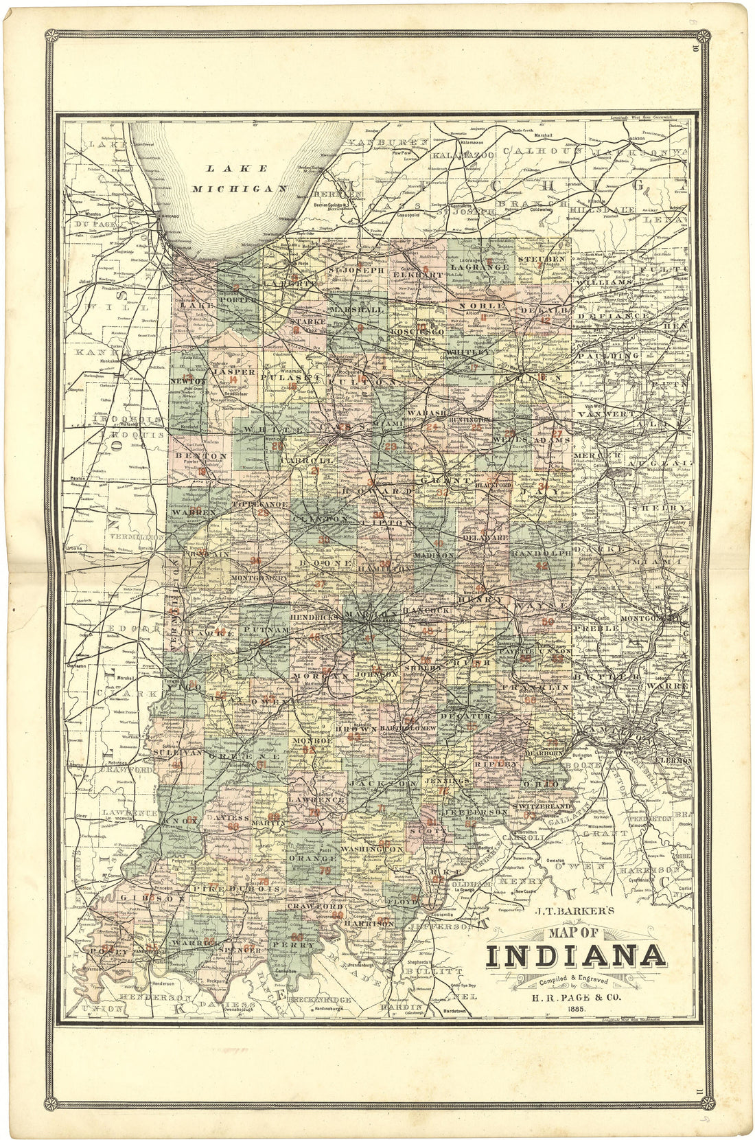 Map of Indiana from Illustrated Atlas of Lake County, Illinois : Containing Maps of Every Township In the County, With Village and City Plats : Also Maps of Michigan ... Texas, and Washington Territory : Compiled … 1885 by Relic Map Company