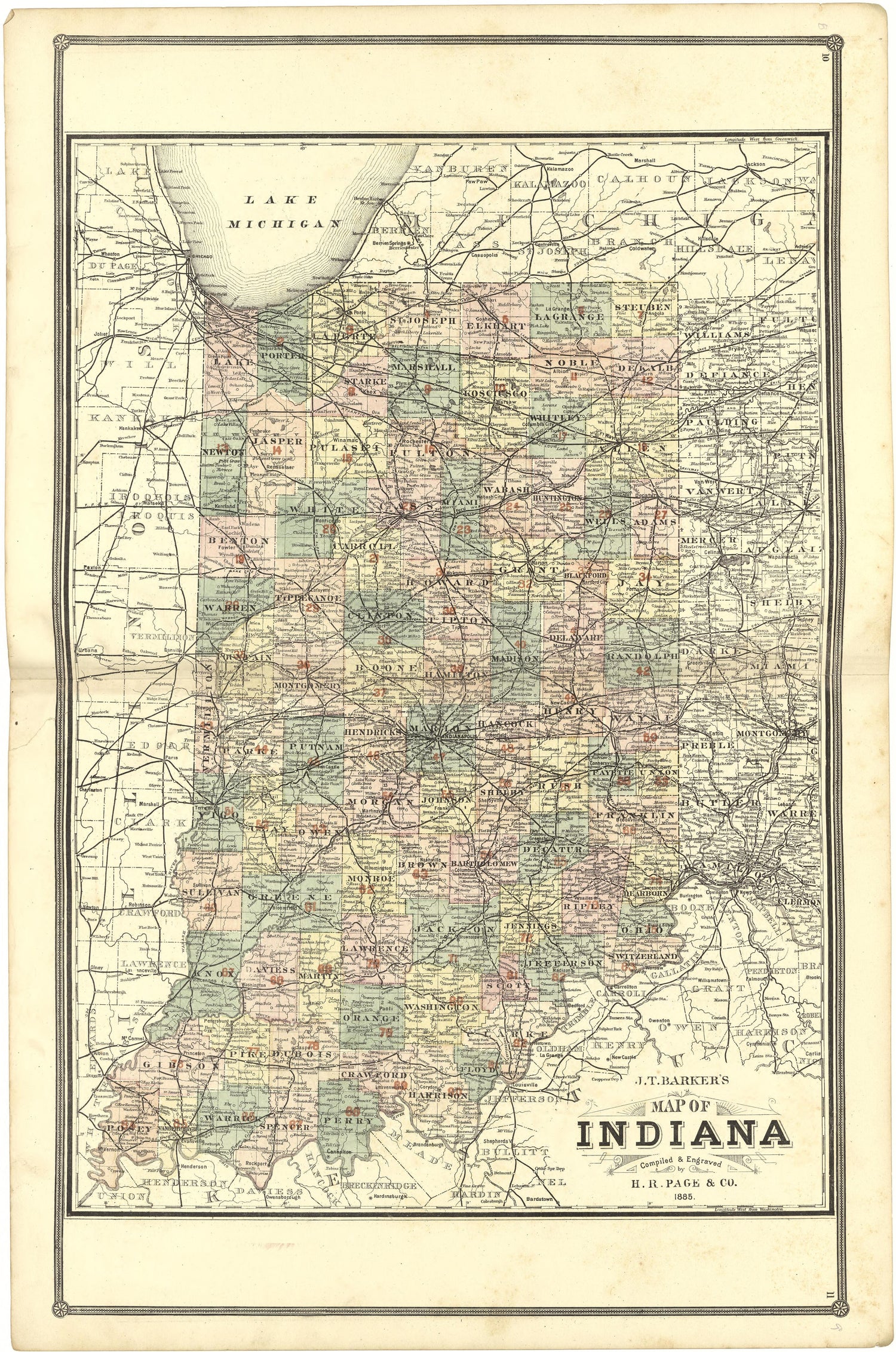 Map of Indiana from Illustrated Atlas of Lake County, Illinois : Containing Maps of Every Township In the County, With Village and City Plats : Also Maps of Michigan ... Texas, and Washington Territory : Compiled … 1885 by Relic Map Company