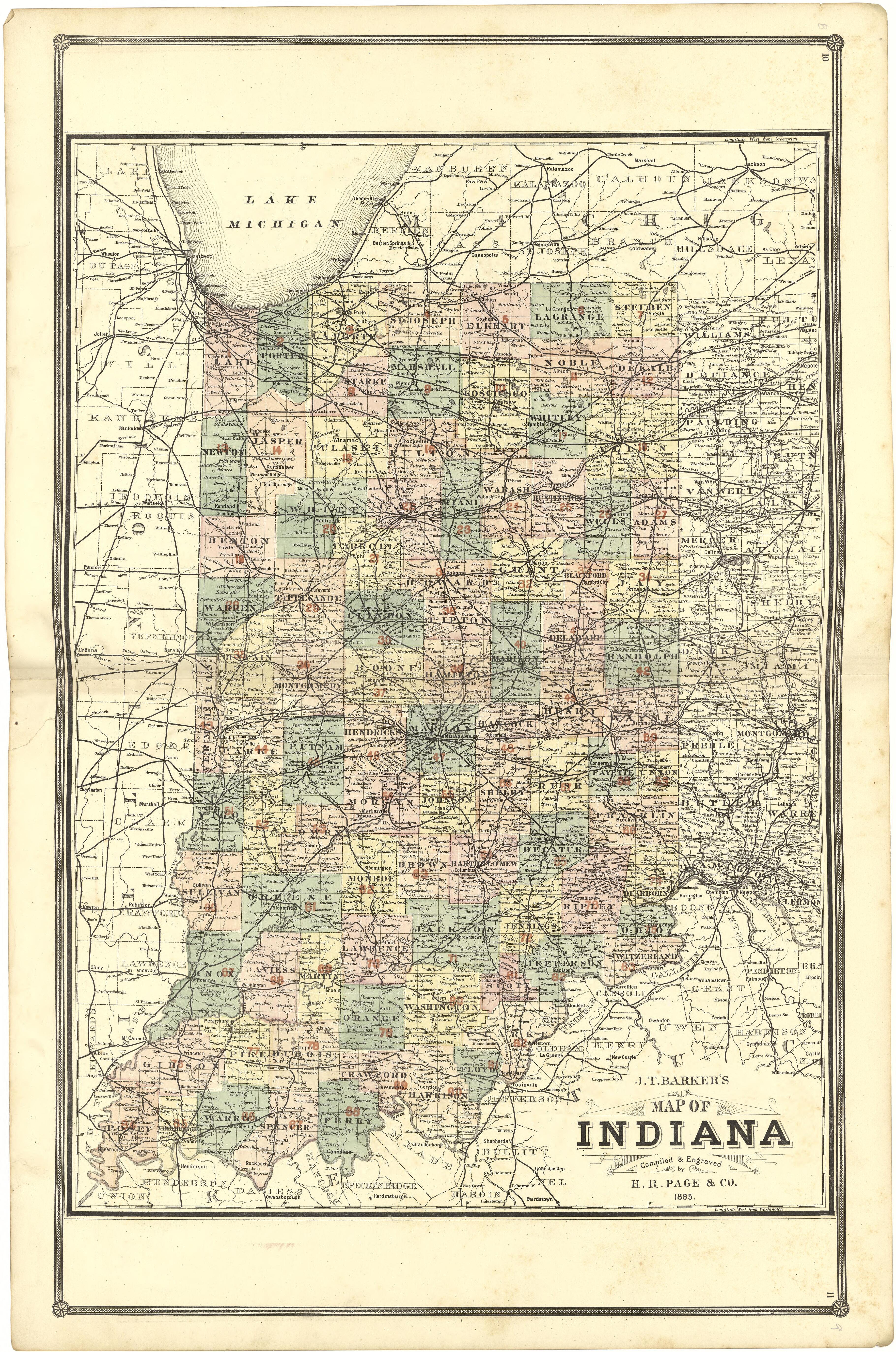 Map of Indiana from Illustrated Atlas of Lake County, Illinois : Containing Maps of Every Township In the County, With Village and City Plats : Also Maps of Michigan ... Texas, and Washington Territory : Compiled … 1885 by Relic Map Company