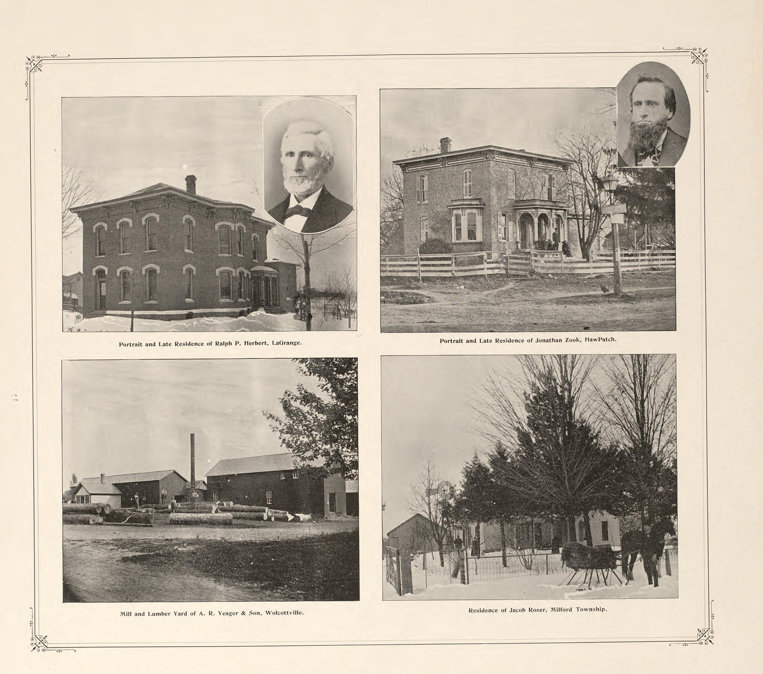 Views of Residences and Portraits--Herbert, Zook, Roser and Yeager from Illustrated Atlas and Columbian Souvenir of La Grange County, Indiana : Showing Its Development In the First Sixty Years Since Organization 1893 by Relic Map Company