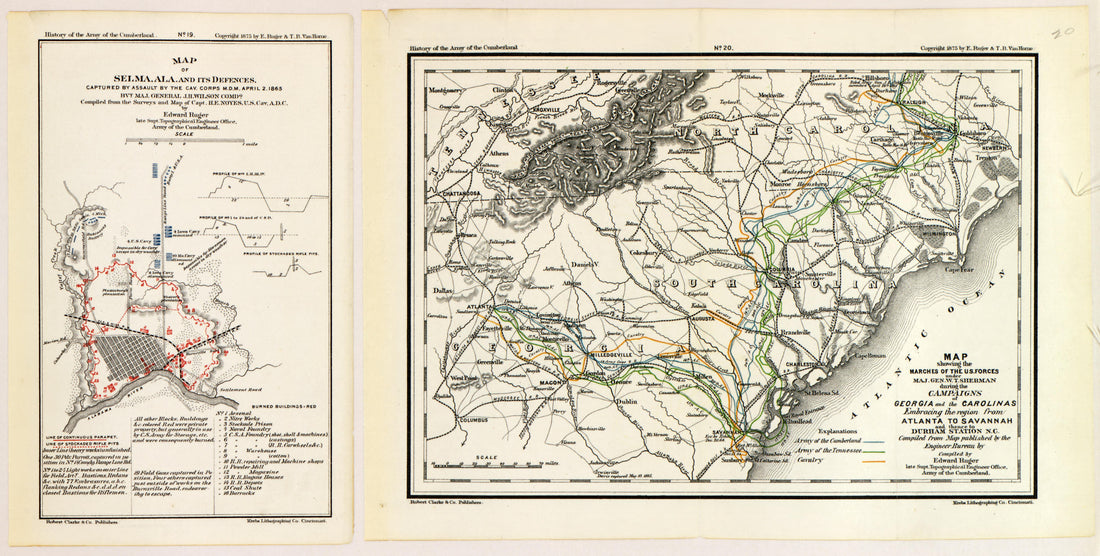 No. 19 - Selma, AL &amp; Its Defences; No. 20 - Campaigns of Georgia and Carolinas from History of the Army of the Cumberland : Its Organization, Campaigns, and Battles, Written at the Request of Major-General George H. Thomas Chiefly from His Private Mil... by Relic Map Company