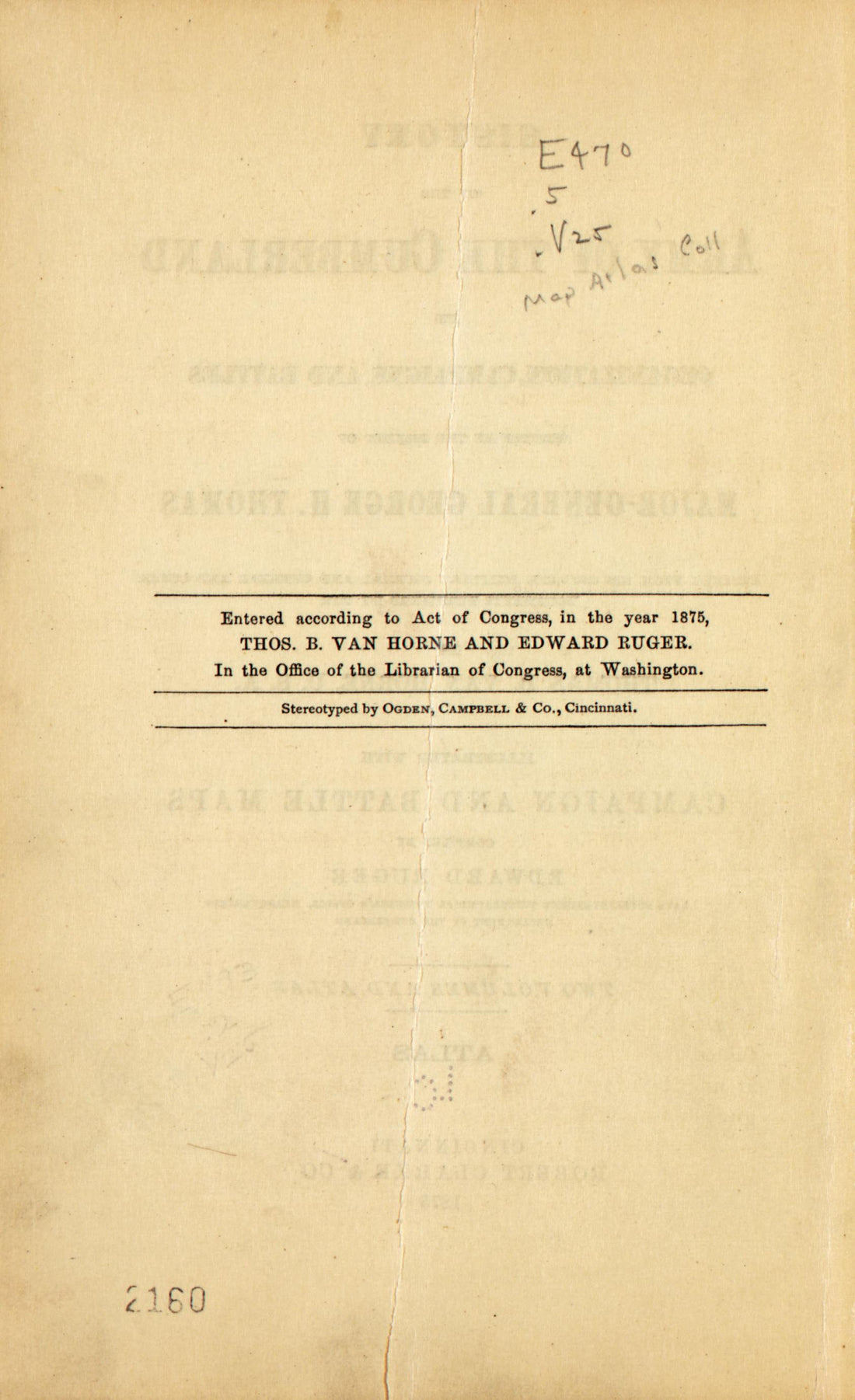 TP Verso from History of the Army of the Cumberland : Its Organization, Campaigns, and Battles, Written at the Request of Major-General George H. Thomas Chiefly from His Private Military Journal and Official and Other … 1875 by Relic Map Company