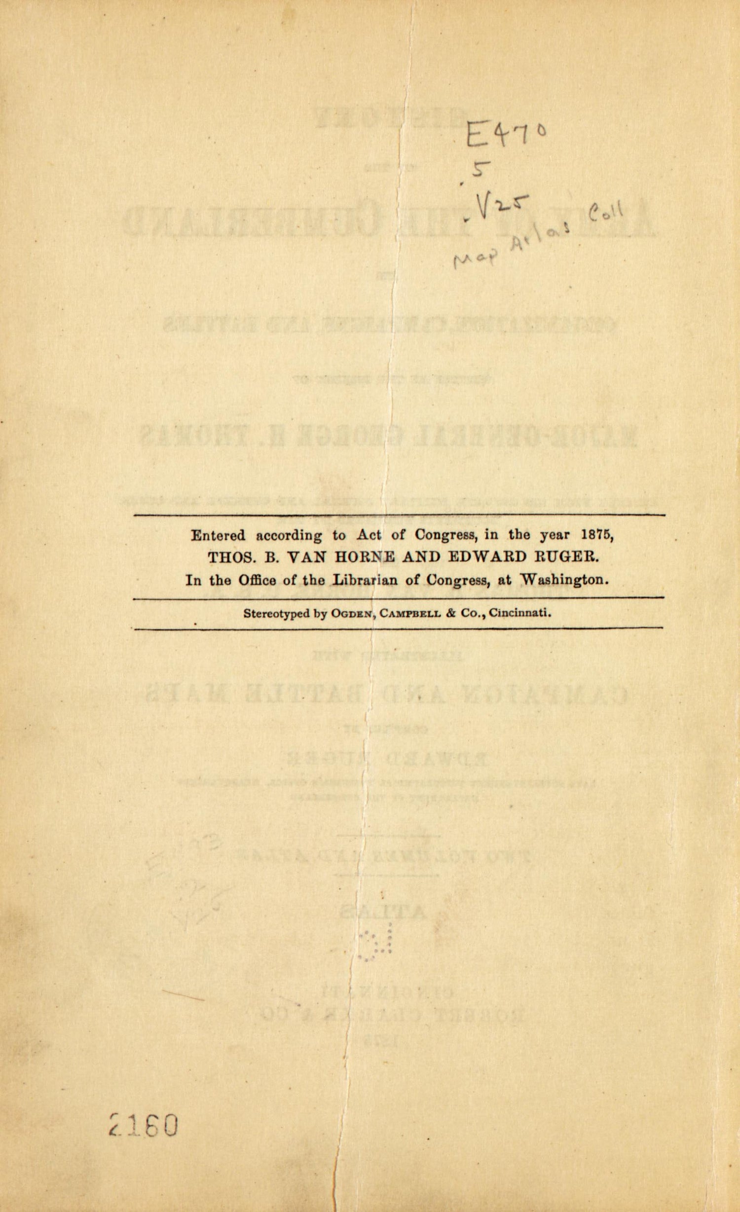 TP Verso from History of the Army of the Cumberland : Its Organization, Campaigns, and Battles, Written at the Request of Major-General George H. Thomas Chiefly from His Private Military Journal and Official and Other … 1875 by Relic Map Company