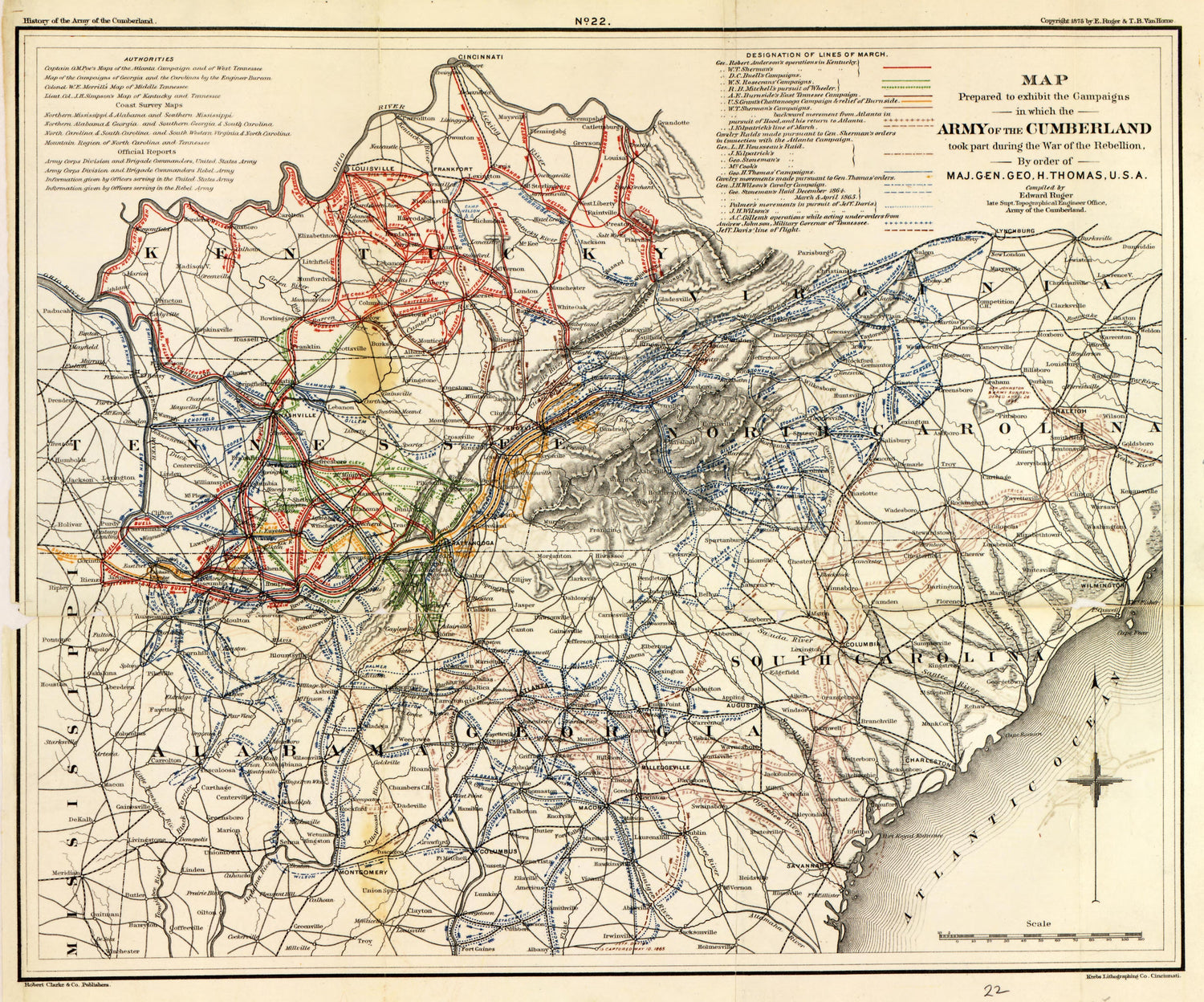 No. 22 - Map Exhibiting the Campaigns of the Army of the Cumberland from History of the Army of the Cumberland : Its Organization, Campaigns, and Battles, Written at the Request of Major-General George H. Thomas Chiefly from His Private Military Journ... by Relic Map Company