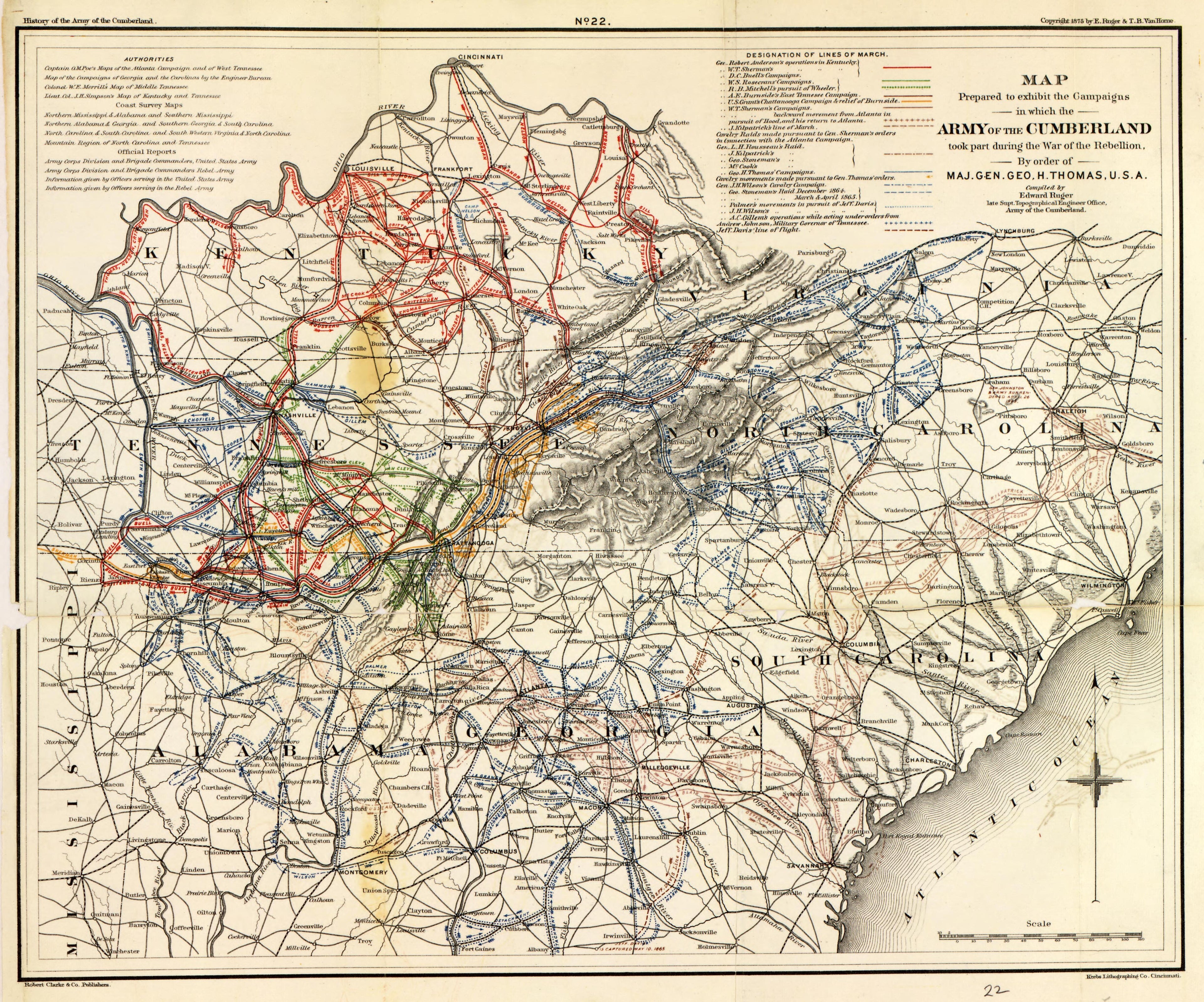 No. 22 - Map Exhibiting the Campaigns of the Army of the Cumberland from History of the Army of the Cumberland : Its Organization, Campaigns, and Battles, Written at the Request of Major-General George H. Thomas Chiefly from His Private Military Journ... by Relic Map Company