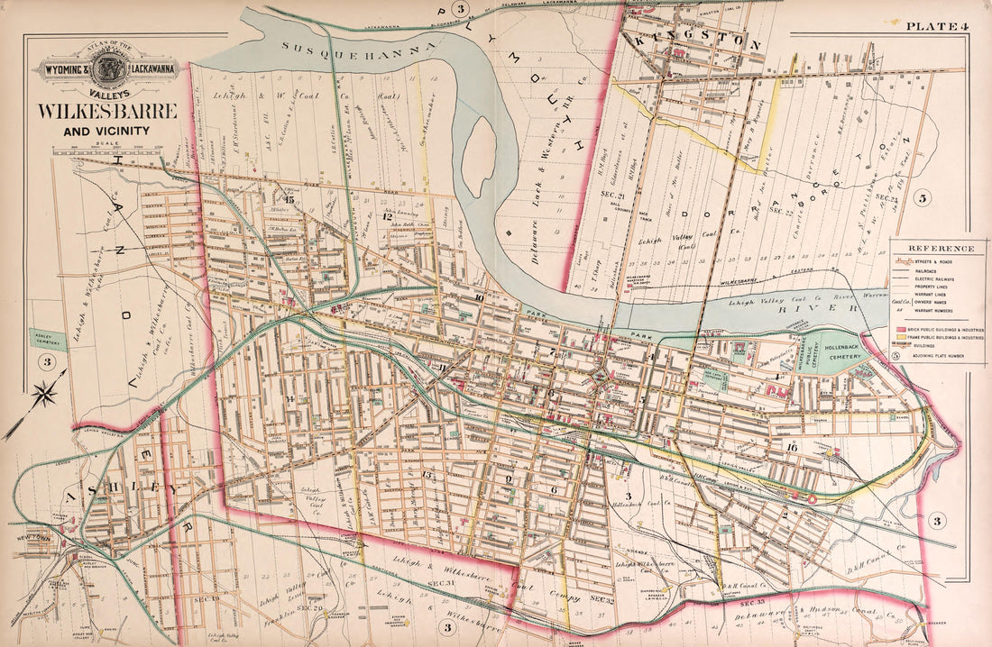 Wyoming and Lackawanna Valleys, WilkesBarre, Plate 4 from Atlas of the Wyoming and Lackawanna Valleys and Map of Luzerne and Lackawanna Counties, Pennsylvania. : from Actual Surveys, Official Records &amp; Private Plans 1894 by Relic Map Company