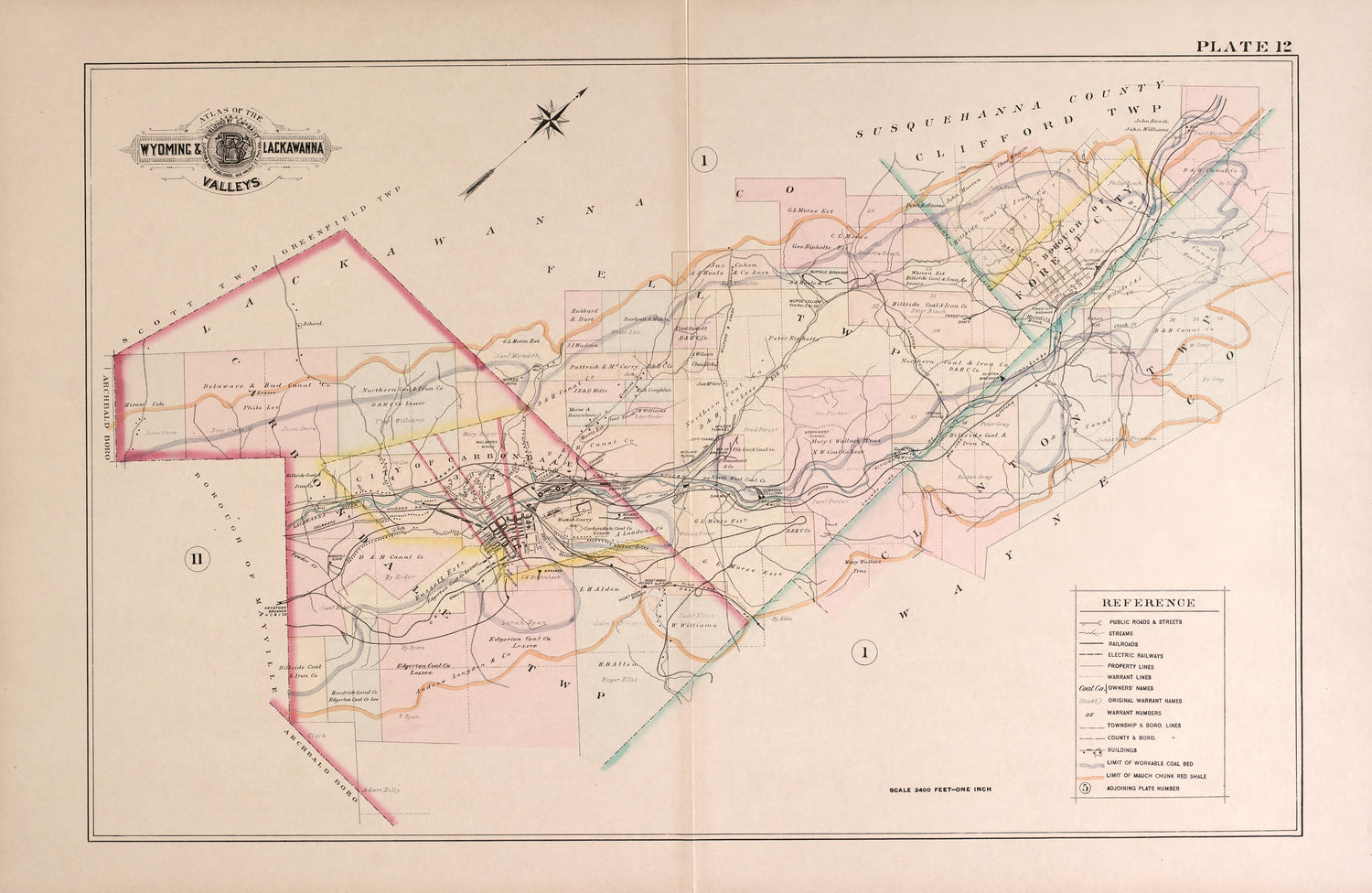 Wyoming and Lackawanna Valleys, Plate 12 from Atlas of the Wyoming and Lackawanna Valleys and Map of Luzerne and Lackawanna Counties, Pennsylvania. : from Actual Surveys, Official Records &amp; Private Plans 1894 by Relic Map Company