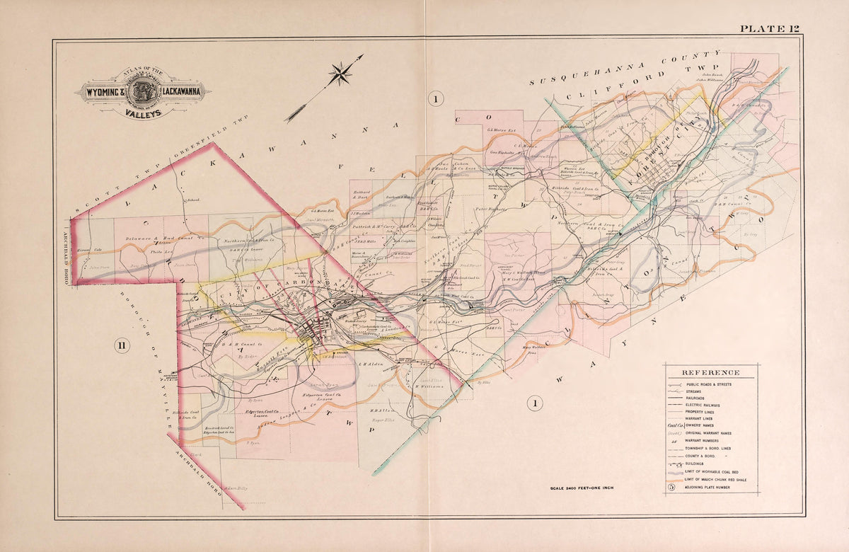 Wyoming and Lackawanna Valleys, Plate 12 from Atlas of the Wyoming and Lackawanna Valleys and Map of Luzerne and Lackawanna Counties, Pennsylvania. : from Actual Surveys, Official Records &amp; Private Plans 1894 by Relic Map Company