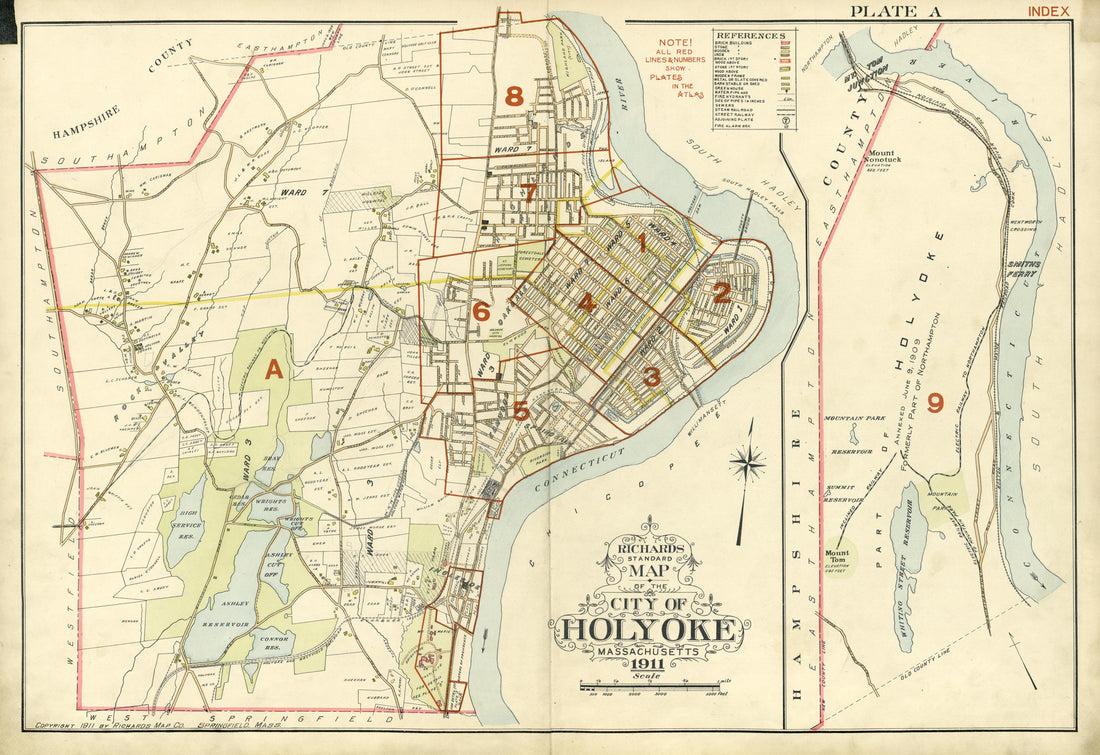 Standard Map of the City of Holyoke, Massachusetts, 1911 from Richards Standard Atlas of the City of Holyoke, Massachusetts : Containing Ten Double Page Maps In Colors, Covering the Entire City, Showing Every Lot Line, Building, Owners&