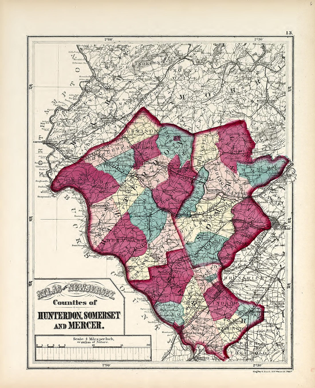 Counties of Hunterdon, Somerset and Mercer from Combined Atlas of the State of New Jersey and the Late Township of Greenville, Now Part of Jersey City, from Actual Survey Official Records &amp; Private Plans 1873 by Relic Map Company