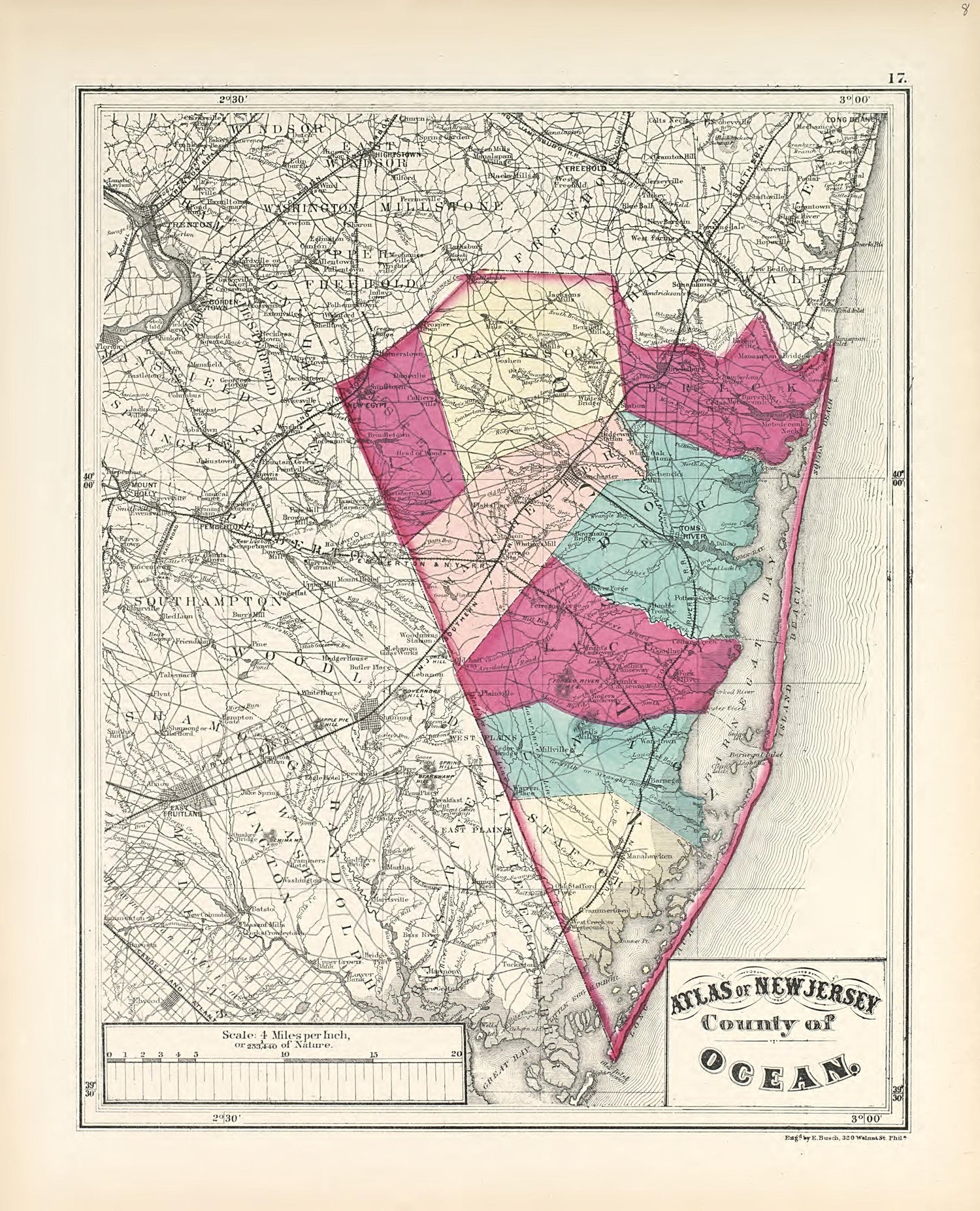 County of Ocean from Combined Atlas of the State of New Jersey and the Late Township of Greenville, Now Part of Jersey City, from Actual Survey Official Records &amp; Private Plans 1873 by Relic Map Company
