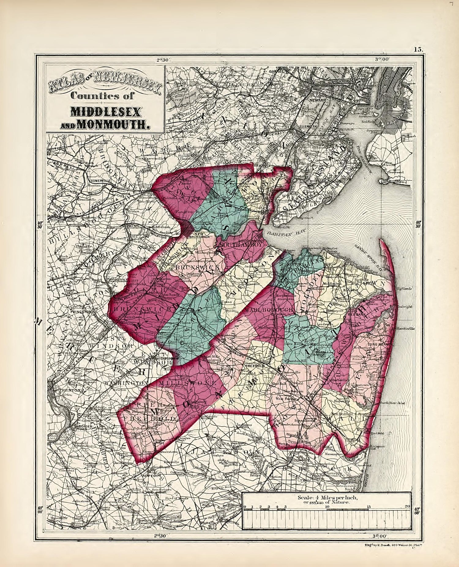 Counties of Middlesex and Monmouth from Combined Atlas of the State of New Jersey and the Late Township of Greenville, Now Part of Jersey City, from Actual Survey Official Records &amp; Private Plans 1873 by Relic Map Company