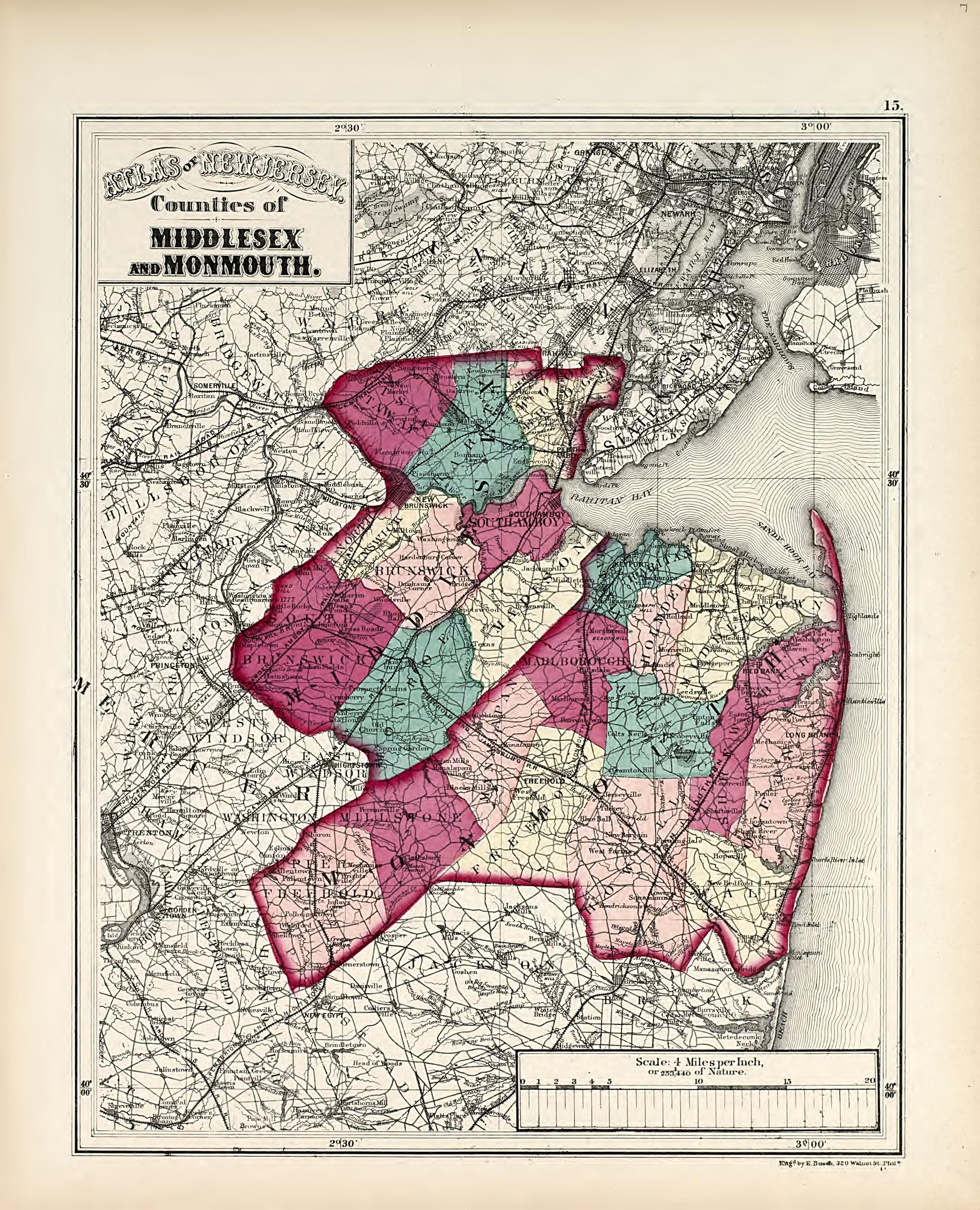 Counties of Middlesex and Monmouth from Combined Atlas of the State of New Jersey and the Late Township of Greenville, Now Part of Jersey City, from Actual Survey Official Records &amp; Private Plans 1873 by Relic Map Company