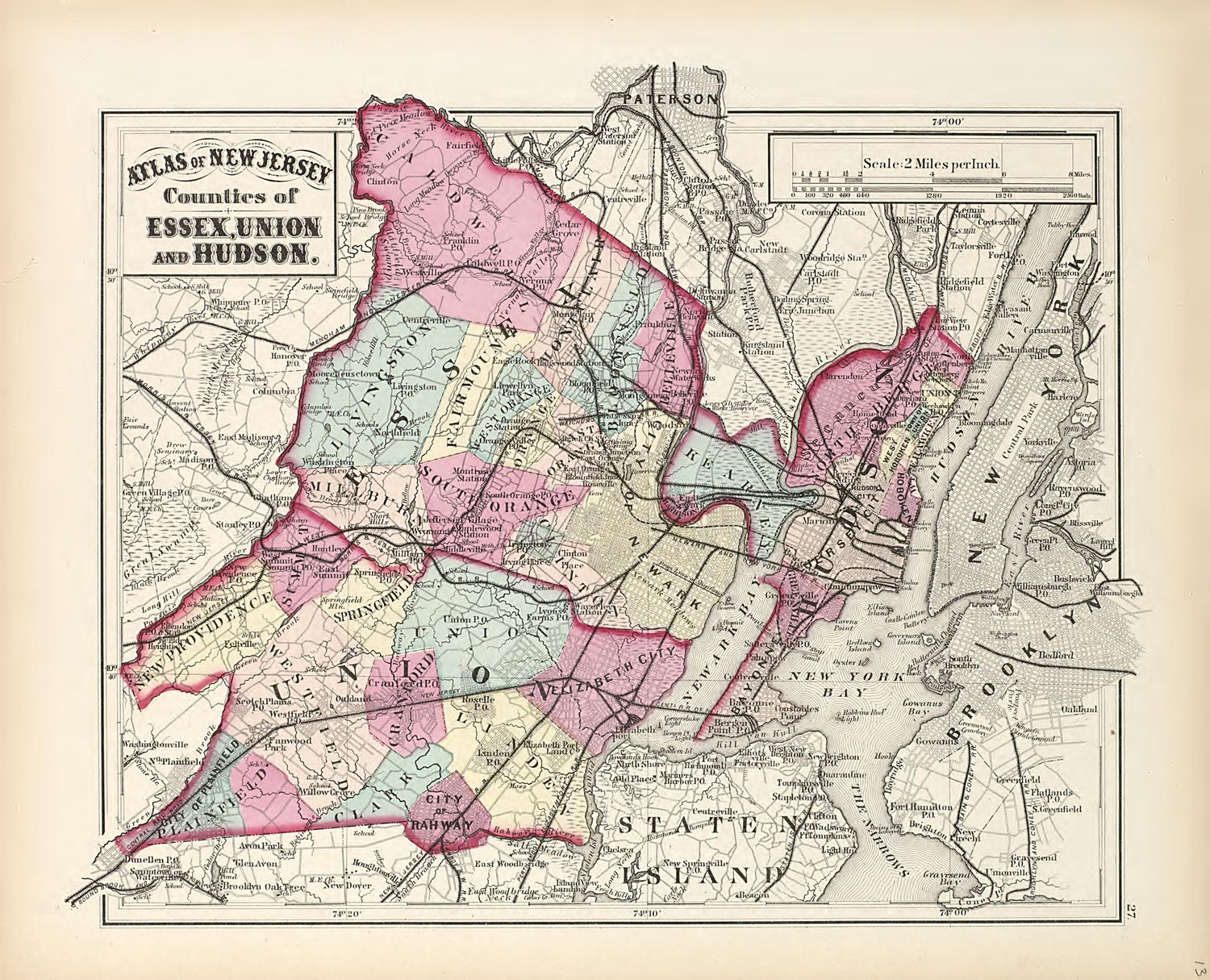 Counties Od Essex, Union and Hudson from Combined Atlas of the State of New Jersey and the Late Township of Greenville, Now Part of Jersey City, from Actual Survey Official Records &amp; Private Plans 1873 by Relic Map Company