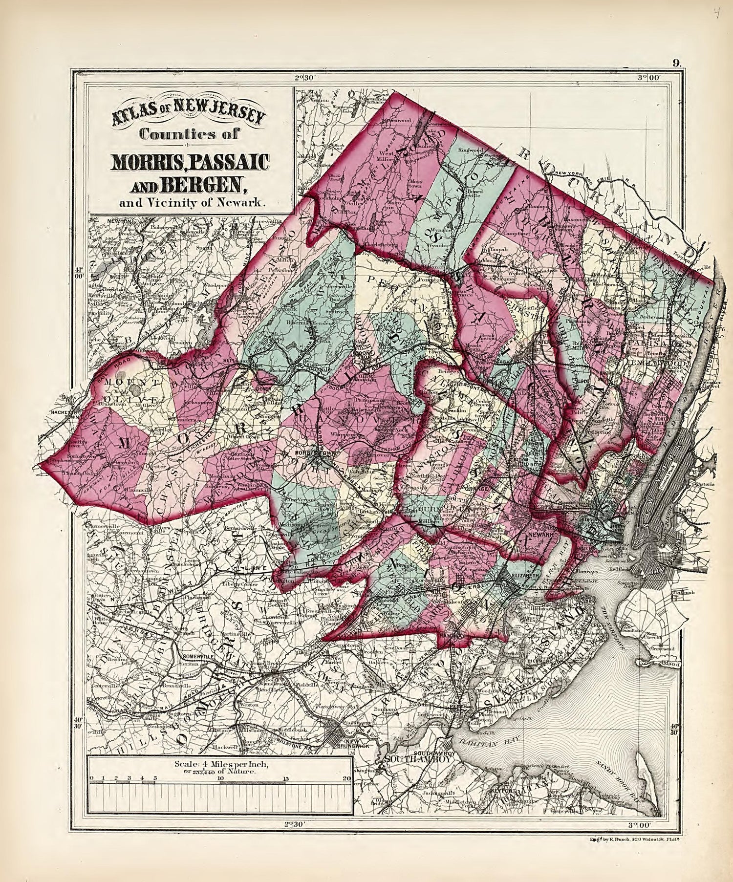 Counties of Morris, Passaic and Bergen and Vicinity of Newark from Combined Atlas of the State of New Jersey and the Late Township of Greenville, Now Part of Jersey City, from Actual Survey Official Records &amp; Private Plans 1873 by Relic Map Company