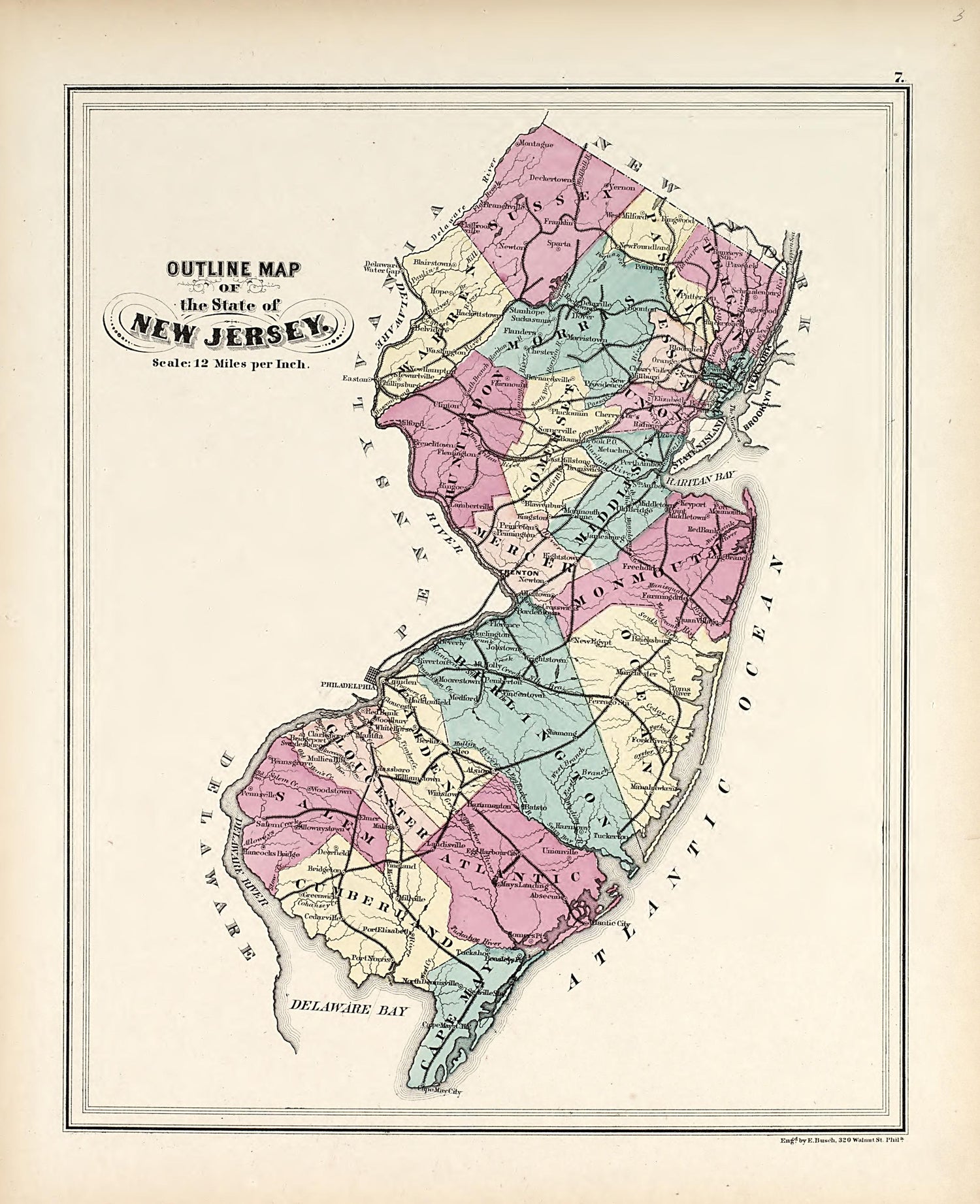 Outline Map of New Jersey from Combined Atlas of the State of New Jersey and the Late Township of Greenville, Now Part of Jersey City, from Actual Survey Official Records &amp; Private Plans 1873 by Relic Map Company