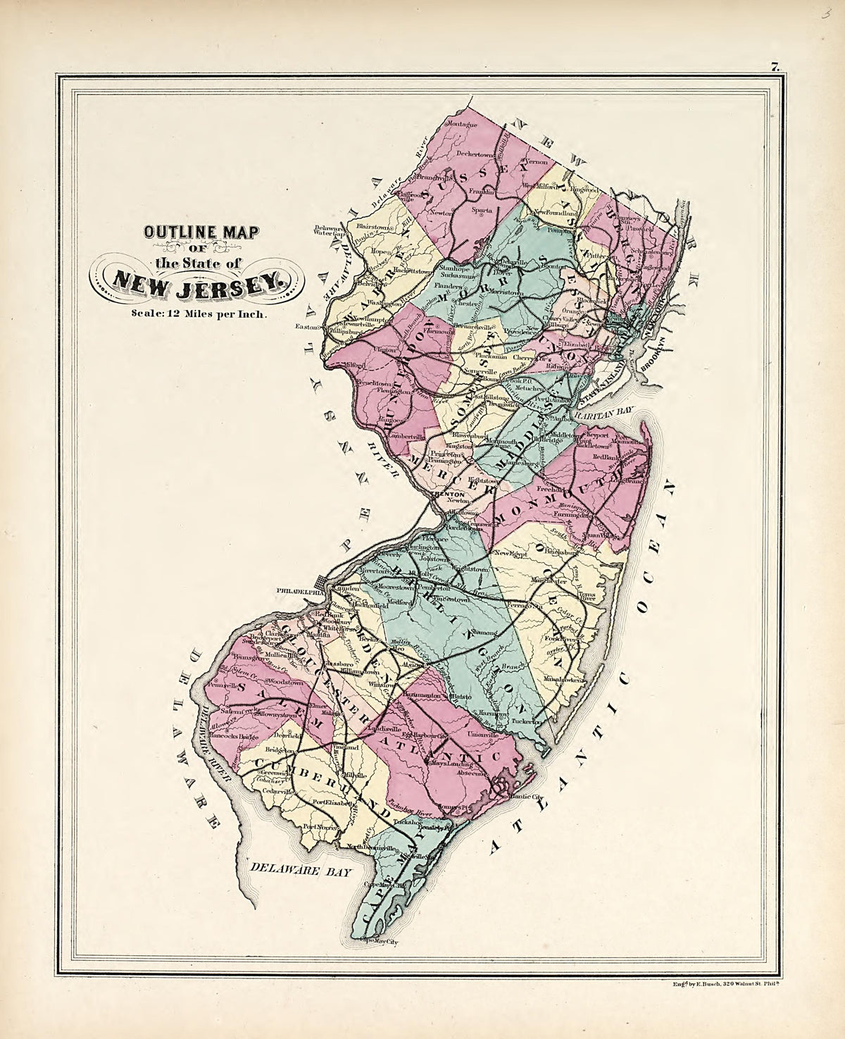 Outline Map of New Jersey from Combined Atlas of the State of New Jersey and the Late Township of Greenville, Now Part of Jersey City, from Actual Survey Official Records &amp; Private Plans 1873 by Relic Map Company