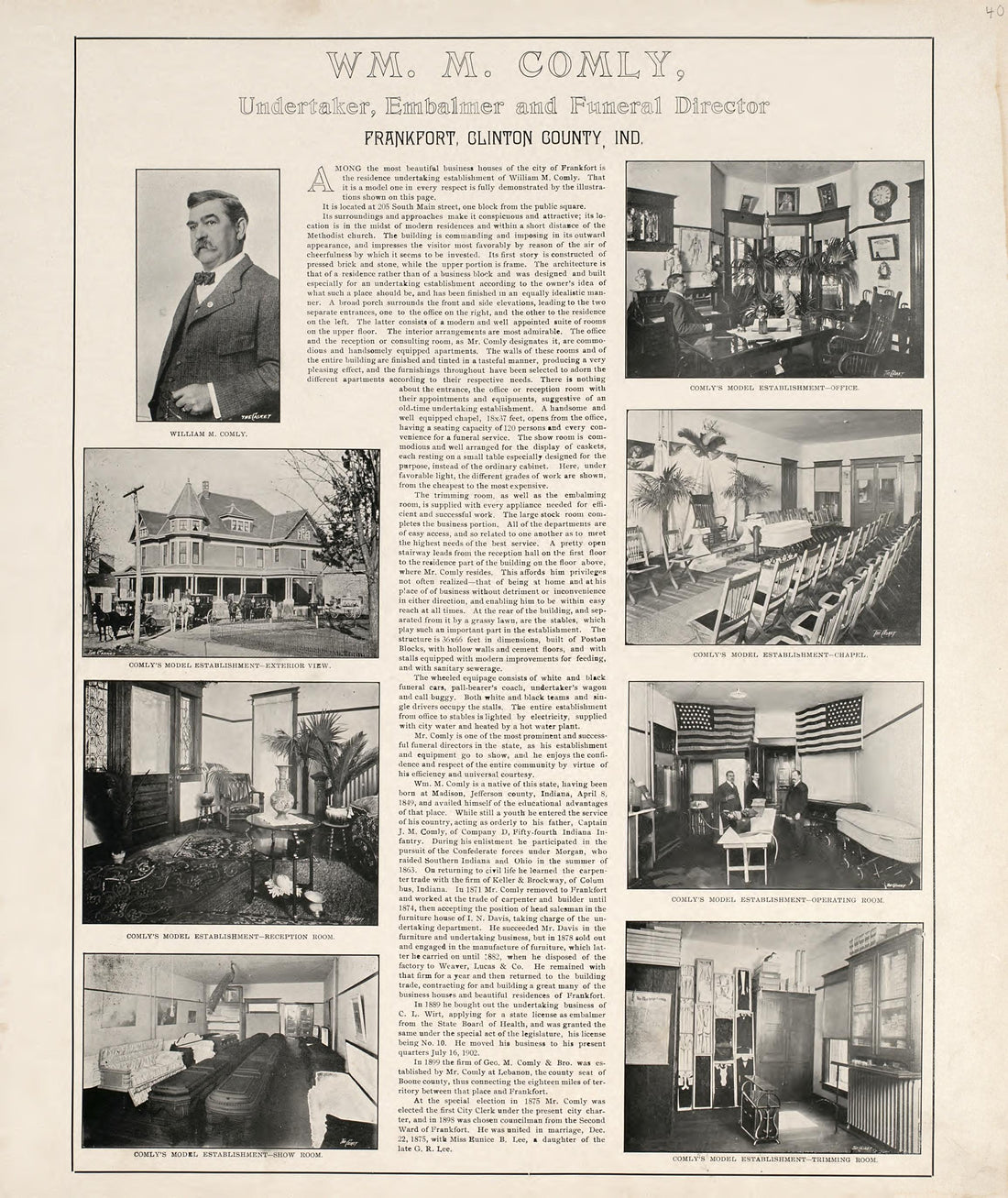 W.M. Comley, Undertaker, Embalmer and Funeral Director from 20th Century Atlas of Clinton County, Indiana : Containing Maps of Villages, Cities and Townships of the County, of the State, United States and World, Farmers Directory, Business Directory a... by Relic Map Company