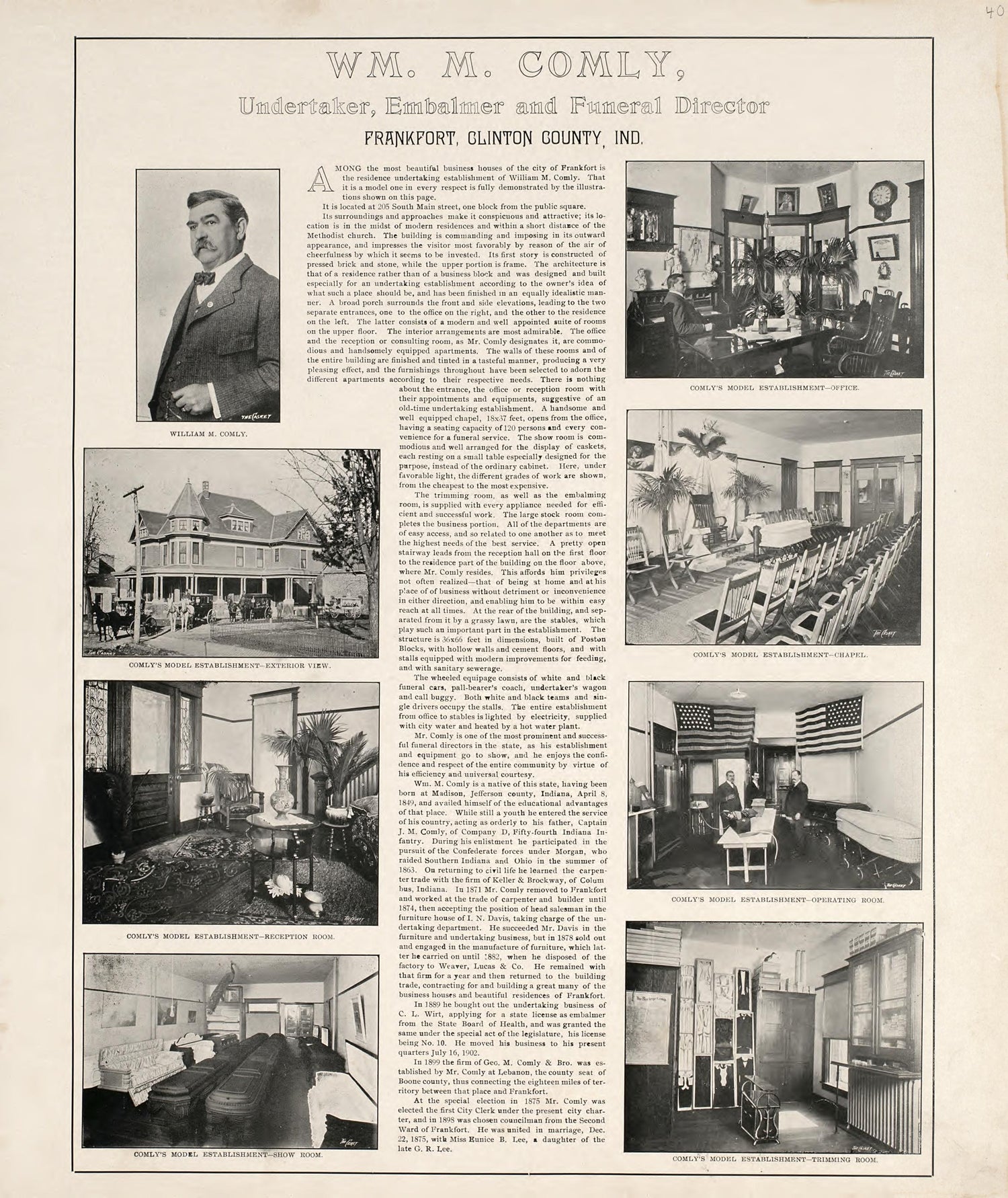 W.M. Comley, Undertaker, Embalmer and Funeral Director from 20th Century Atlas of Clinton County, Indiana : Containing Maps of Villages, Cities and Townships of the County, of the State, United States and World, Farmers Directory, Business Directory a... by Relic Map Company