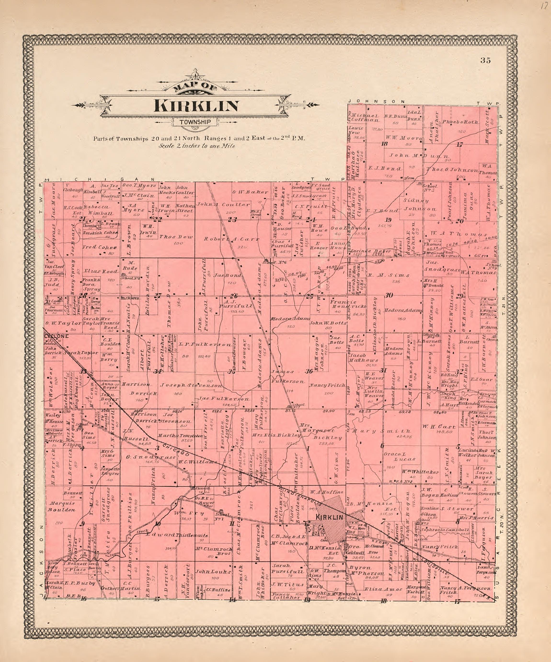 Map of Kirklin Township from 20th Century Atlas of Clinton County, Indiana : Containing Maps of Villages, Cities and Townships of the County, of the State, United States and World, Farmers Directory, Business Directory and General Information, … 1903 by Relic Map Company