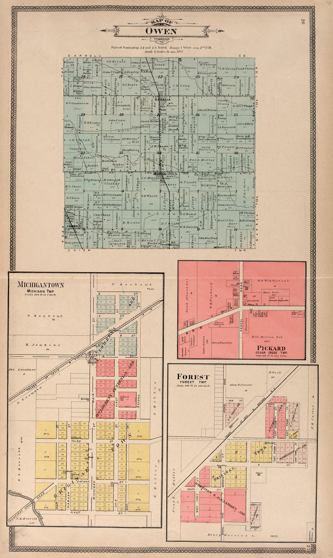 Owen Township; Michigantown, Michigan Township; Pickard, Sugar Creek Township; Forest from 20th Century Atlas of Clinton County, Indiana : Containing Maps of Villages, Cities and Townships of the County, of the State, United States and World, Farmers ... by Relic Map Company