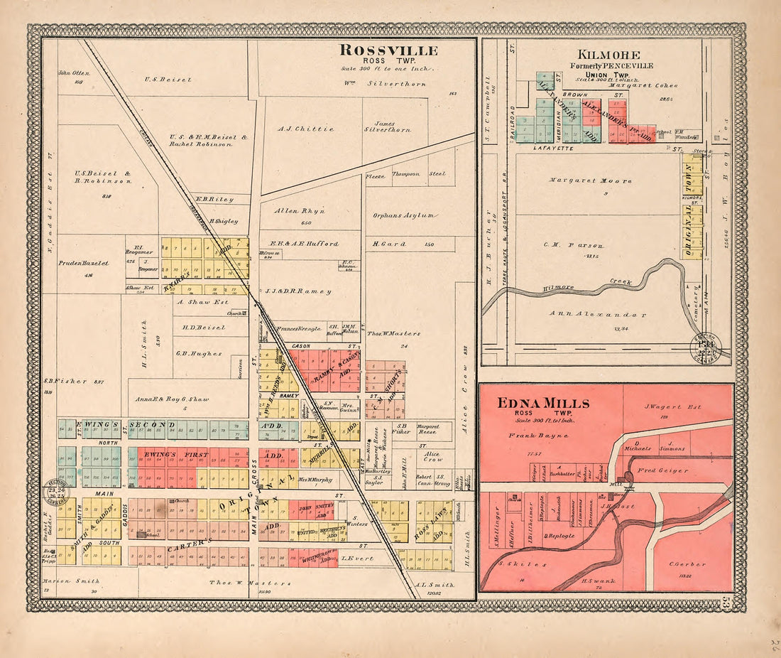 Rossville, Ross Township; Kilmore Formerly Penceville, Union Township from 20th Century Atlas of Clinton County, Indiana : Containing Maps of Villages, Cities and Townships of the County, of the State, United States and World, Farmers Directory, Busin... by Relic Map Company