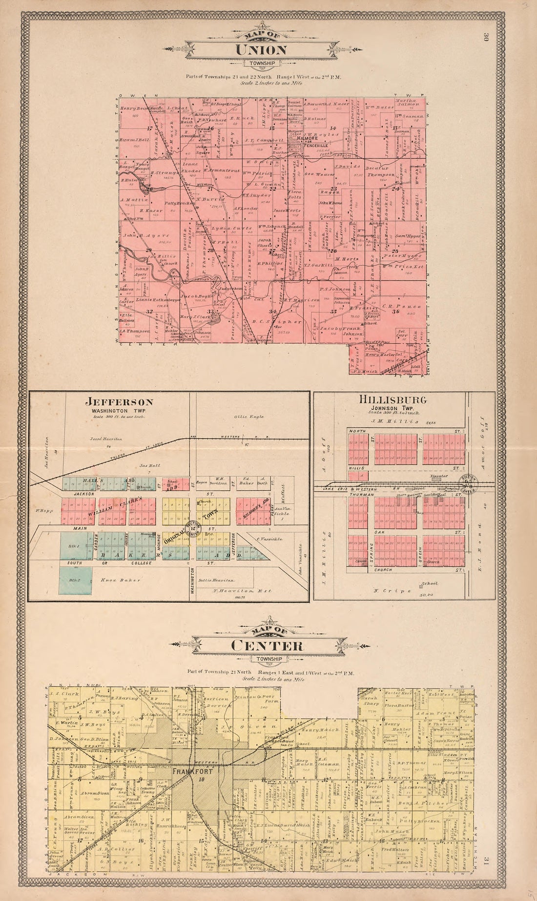 Union; Jefferson, Washington Township; Hillisburg, Johnson Township; Map of Center Township from 20th Century Atlas of Clinton County, Indiana : Containing Maps of Villages, Cities and Townships of the County, of the State, United States and World, Fa... by Relic Map Company