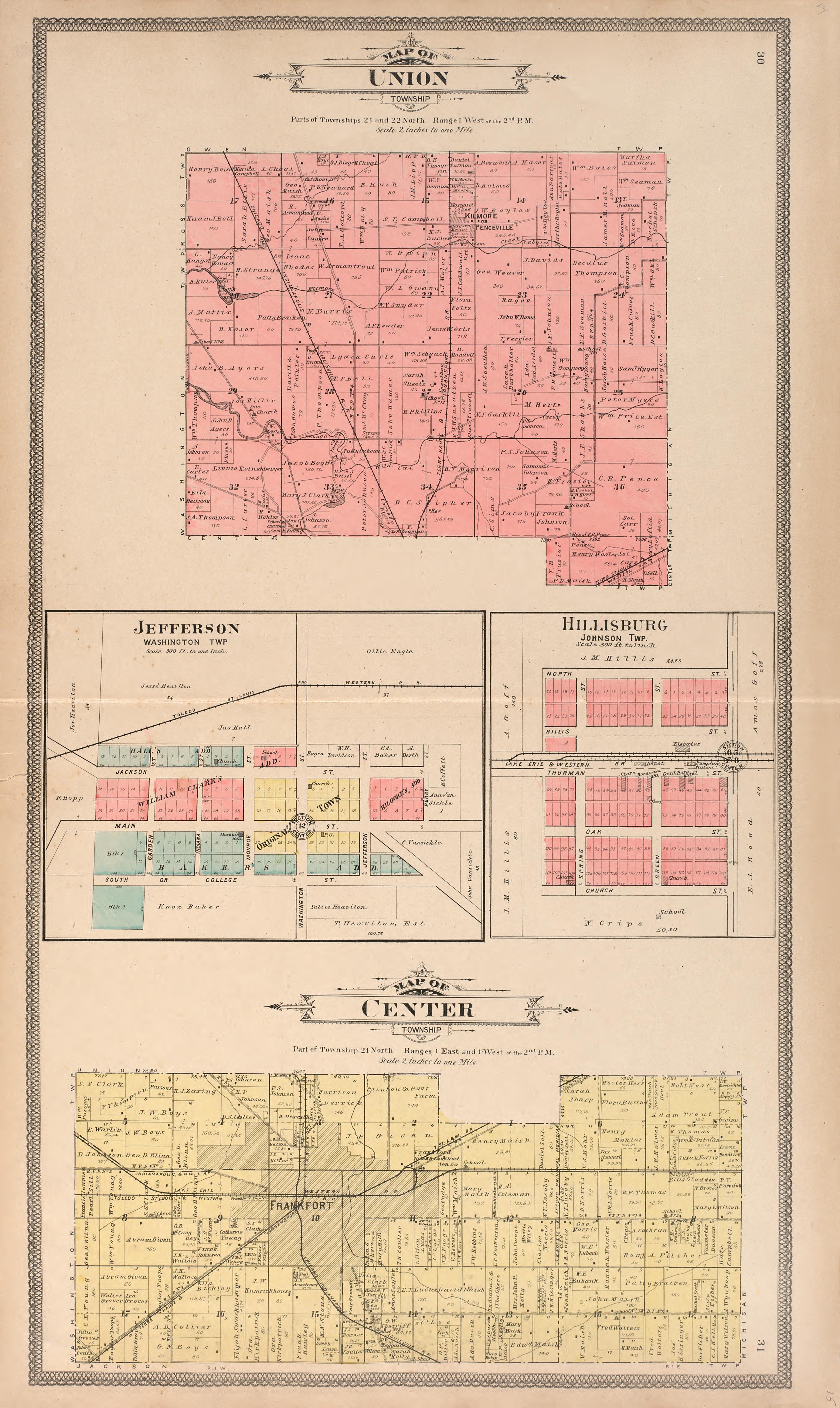 Union; Jefferson, Washington Township; Hillisburg, Johnson Township; Map of Center Township from 20th Century Atlas of Clinton County, Indiana : Containing Maps of Villages, Cities and Townships of the County, of the State, United States and World, Fa... by Relic Map Company
