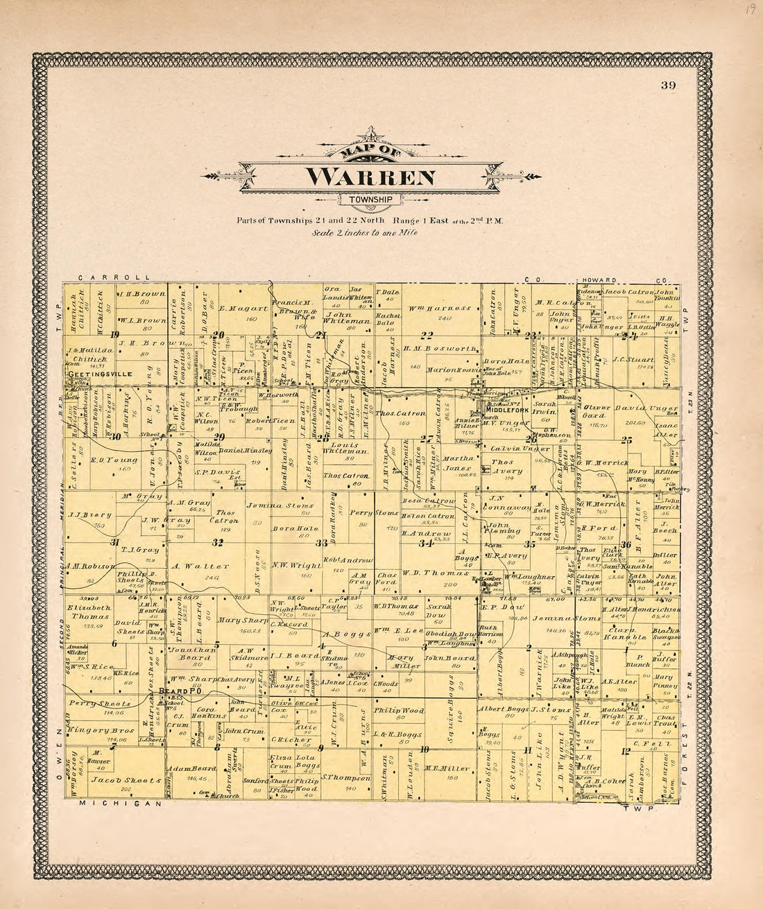 Map of Warren Township from 20th Century Atlas of Clinton County, Indiana : Containing Maps of Villages, Cities and Townships of the County, of the State, United States and World, Farmers Directory, Business Directory and General Information, … 1903 by Relic Map Company