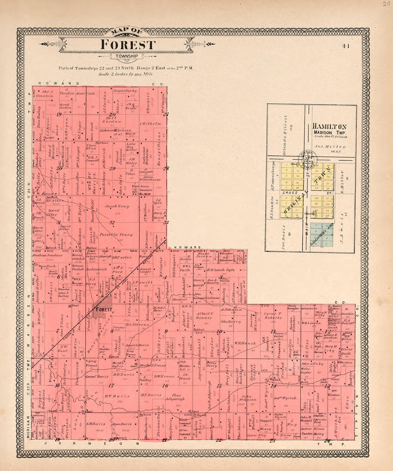 Map of Forest Township; Hamilton, Madison Township from 20th Century Atlas of Clinton County, Indiana : Containing Maps of Villages, Cities and Townships of the County, of the State, United States and World, Farmers Directory, Business Directory and G... by Relic Map Company