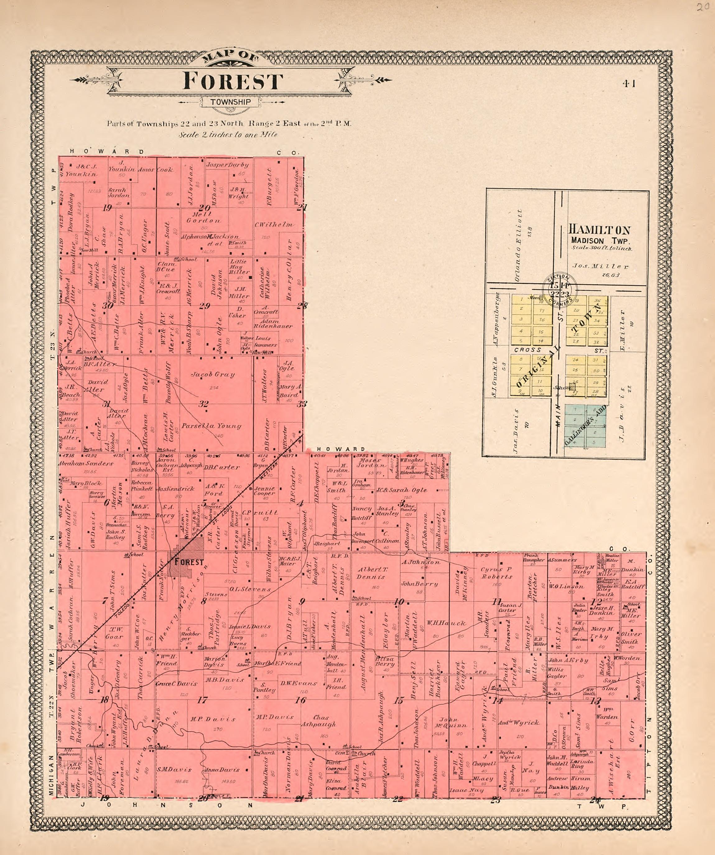 Map of Forest Township; Hamilton, Madison Township from 20th Century Atlas of Clinton County, Indiana : Containing Maps of Villages, Cities and Townships of the County, of the State, United States and World, Farmers Directory, Business Directory and G... by Relic Map Company