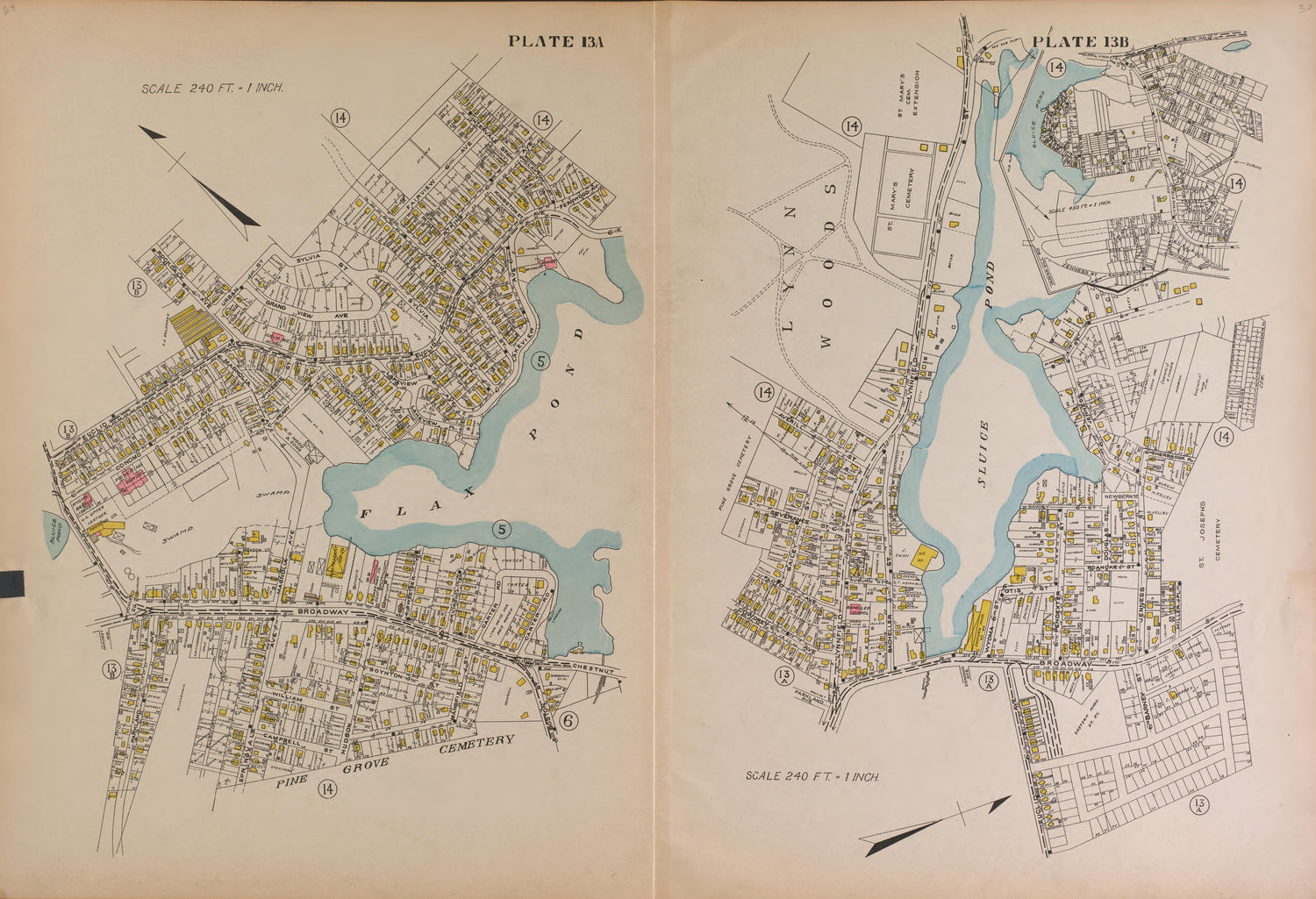 Lynn, Plate 13A and 13B from Richards Standard Atlas of the City of Lynn and the Towns of Swampscott, Saugus and Nahant, Massachusetts : from Official Records, Private Plans and Actual Surveys 1924 by Relic Map Company