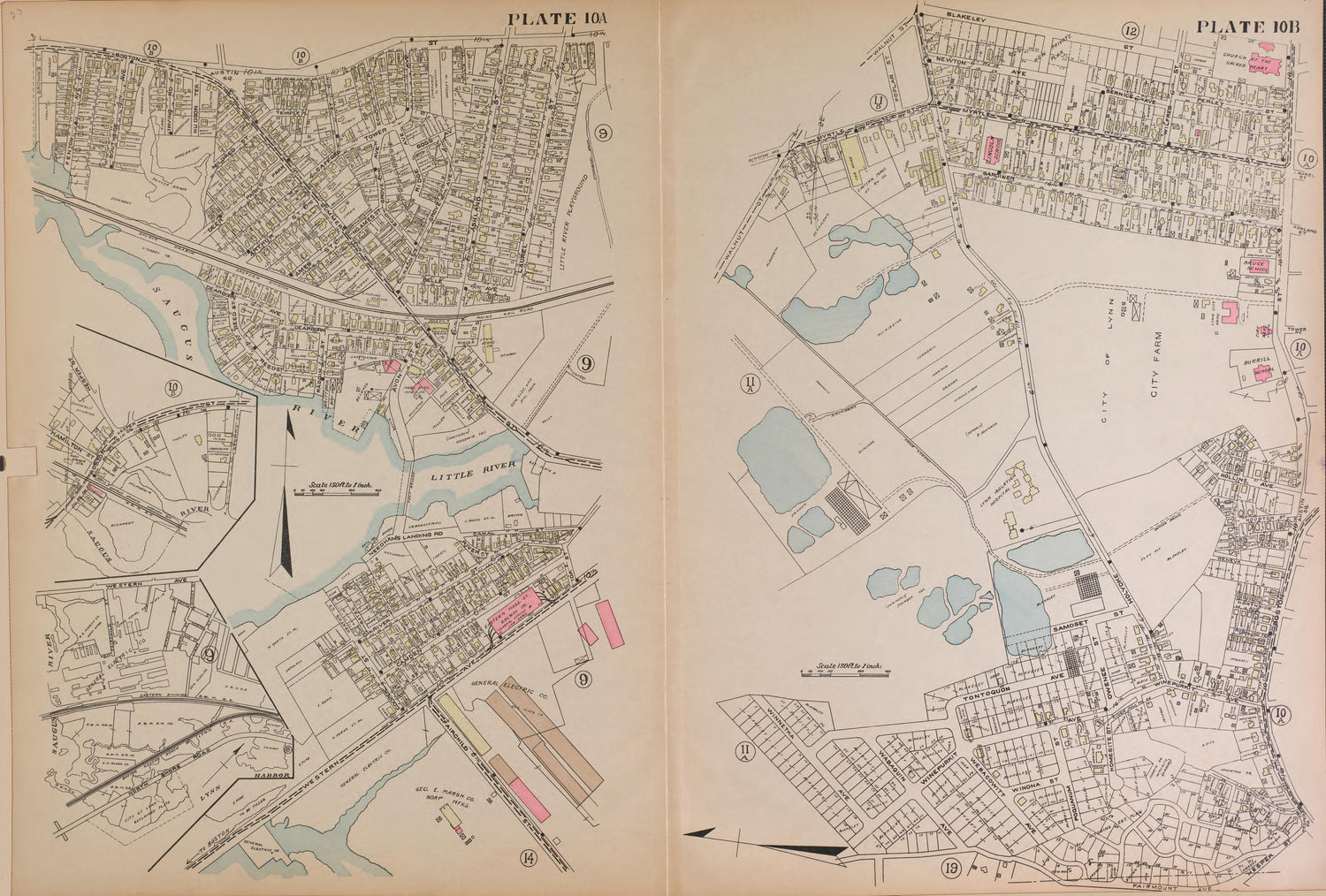 Lynn, Plate 10A and 10B from Richards Standard Atlas of the City of Lynn and the Towns of Swampscott, Saugus and Nahant, Massachusetts : from Official Records, Private Plans and Actual Surveys 1924 by Relic Map Company