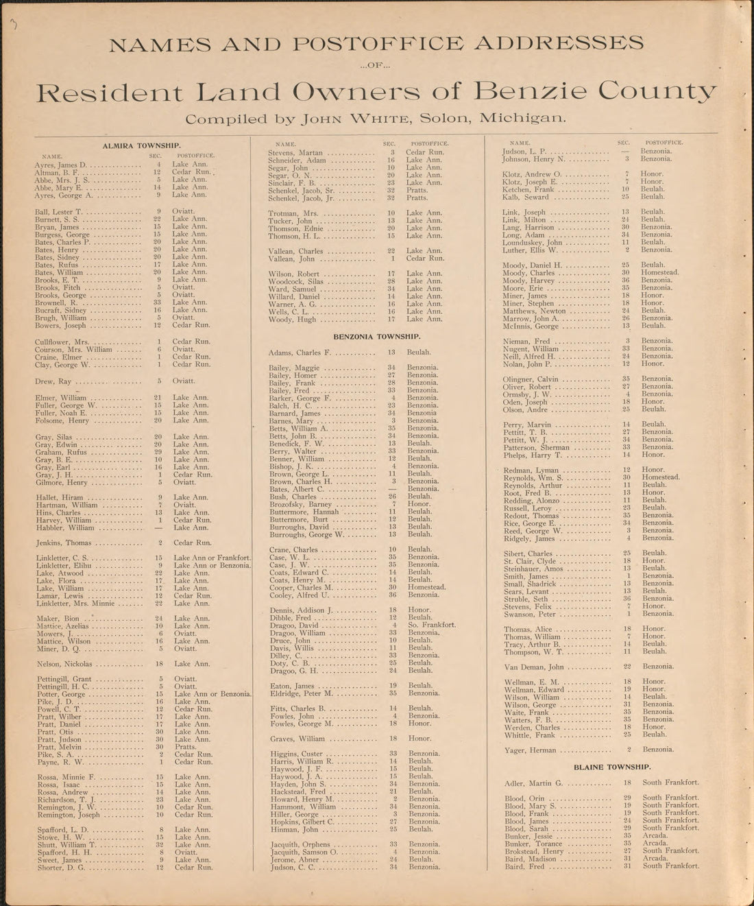 Resident Land Owners of Benzie County from Atlas of Benzie County, Michigan : With Maps of Michigan, United States and the World, Alaska, Cuba, Porto Rico, Hawaii and the Philippines : Also a Complete Mailing List of All Resident … 1901 by Relic Map Company