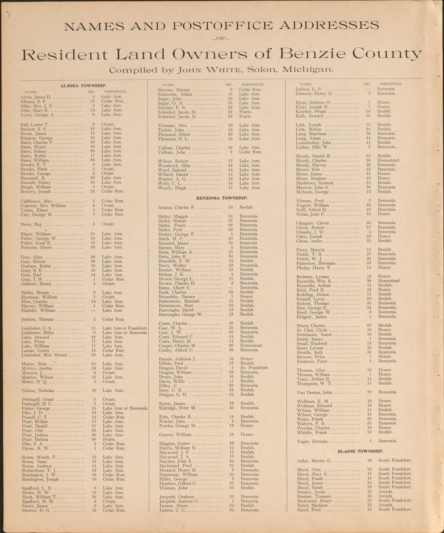 Resident Land Owners of Benzie County from Atlas of Benzie County, Michigan : With Maps of Michigan, United States and the World, Alaska, Cuba, Porto Rico, Hawaii and the Philippines : Also a Complete Mailing List of All Resident … 1901 by Relic Map Company