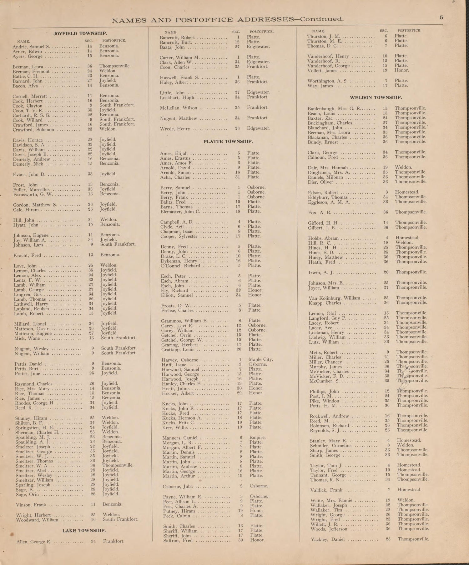 Resident Land Owners of Benzie County, P. 4 from Atlas of Benzie County, Michigan : With Maps of Michigan, United States and the World, Alaska, Cuba, Porto Rico, Hawaii and the Philippines : Also a Complete Mailing List of All Resident … 1901 by Relic Map Company