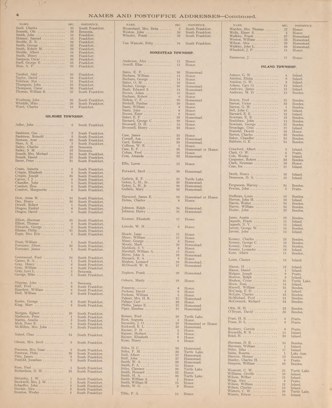 Resident Land Owners of Benzie County, P. 3 from Atlas of Benzie County, Michigan : With Maps of Michigan, United States and the World, Alaska, Cuba, Porto Rico, Hawaii and the Philippines : Also a Complete Mailing List of All Resident … 1901 by Relic Map Company