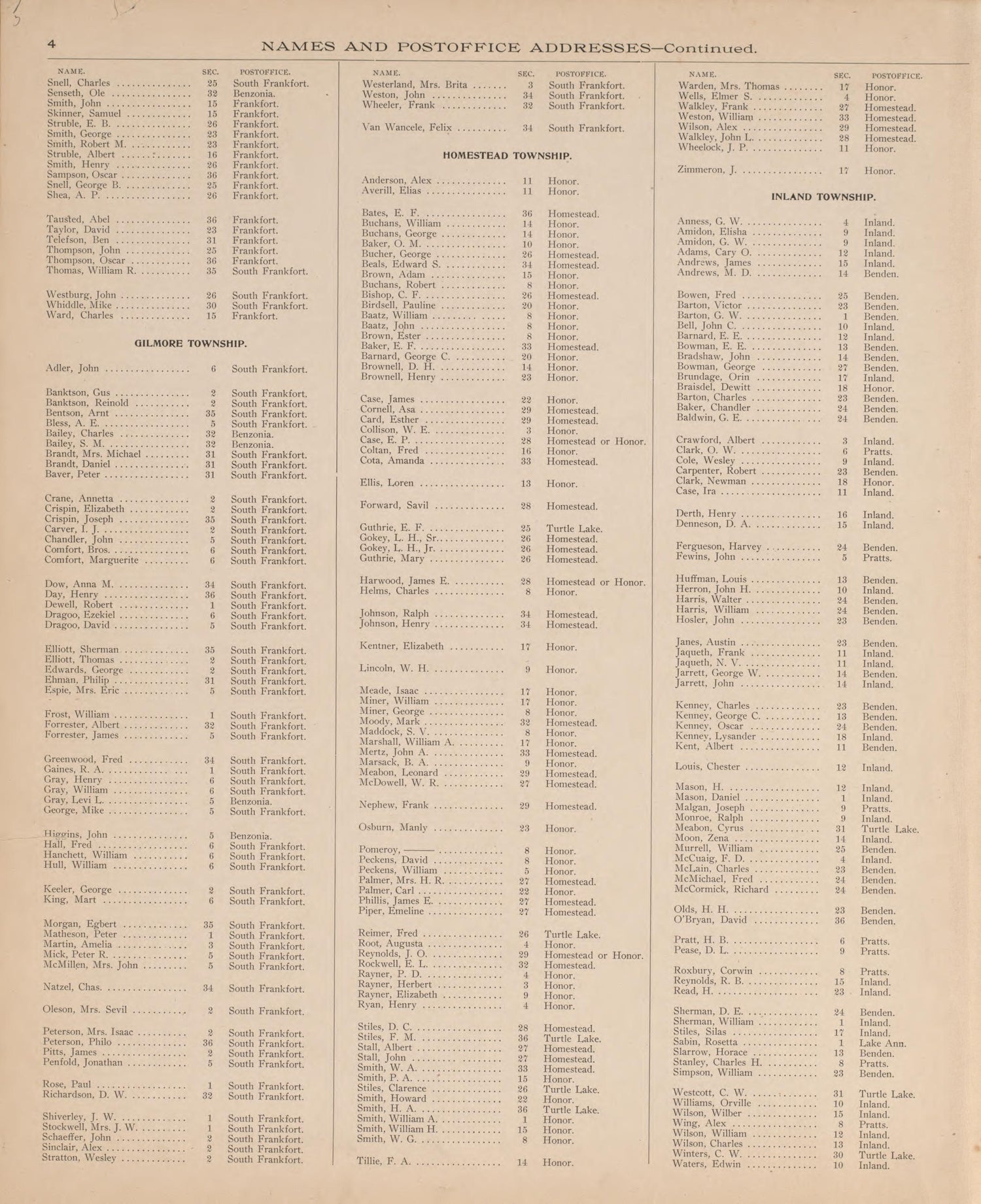 Resident Land Owners of Benzie County, P. 3 from Atlas of Benzie County, Michigan : With Maps of Michigan, United States and the World, Alaska, Cuba, Porto Rico, Hawaii and the Philippines : Also a Complete Mailing List of All Resident … 1901 by Relic Map Company