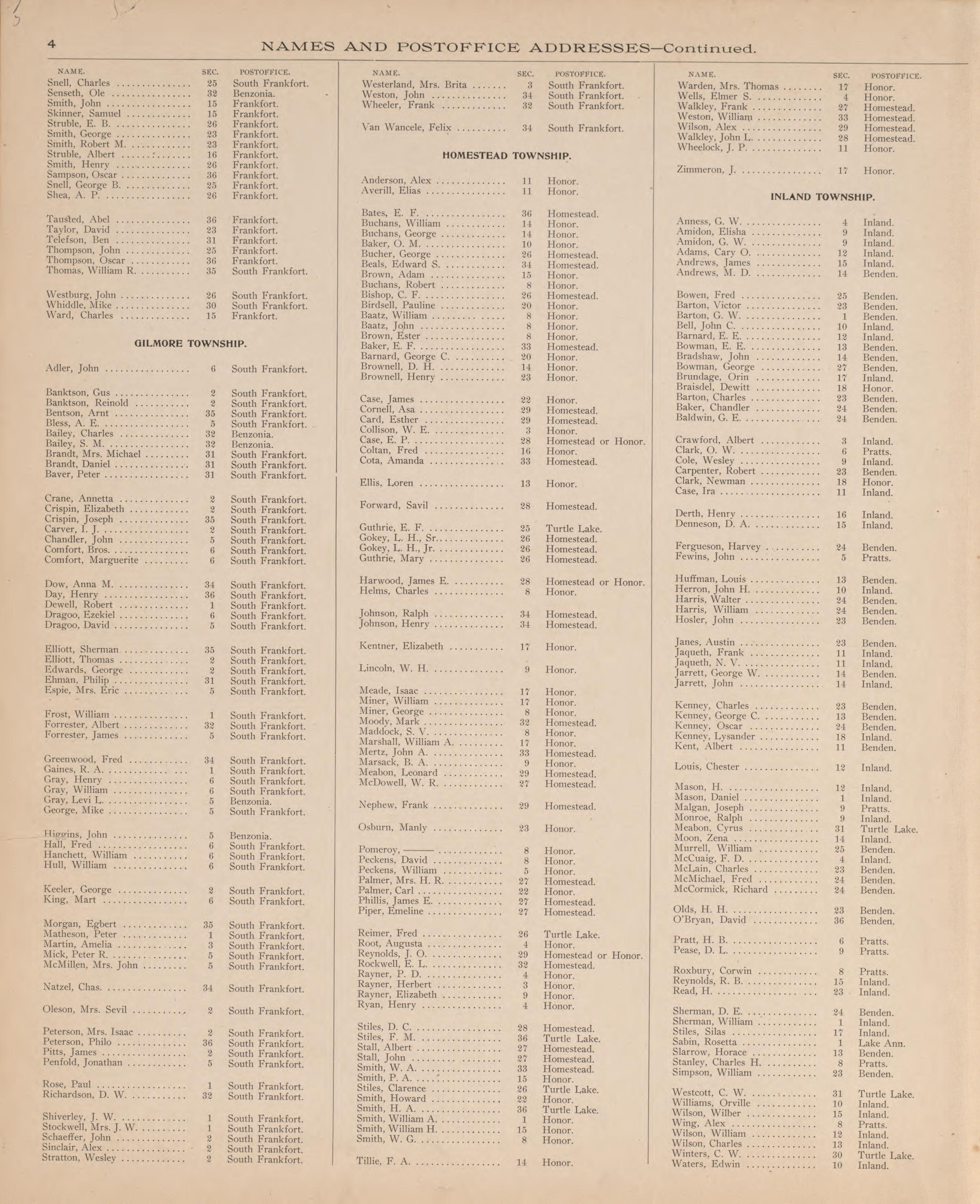 Resident Land Owners of Benzie County, P. 3 from Atlas of Benzie County, Michigan : With Maps of Michigan, United States and the World, Alaska, Cuba, Porto Rico, Hawaii and the Philippines : Also a Complete Mailing List of All Resident … 1901 by Relic Map Company