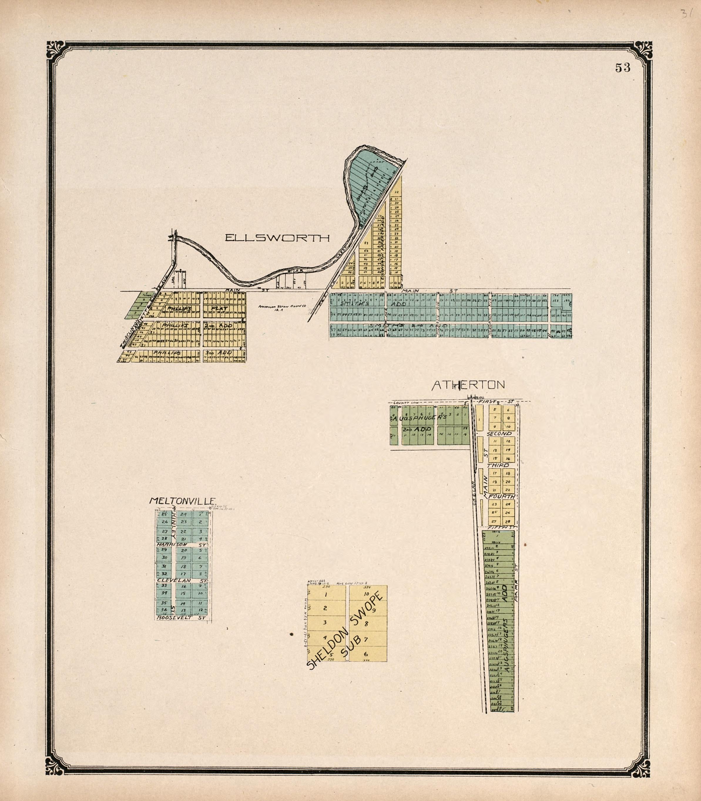 Ellsworth, Atherton, Meltonville from Standard Atlas of Vigo County, Indiana : Including a Plat Book of the Villages, Cities and Townships of the County, Map of State and United States and World 1907 by Relic Map Company
