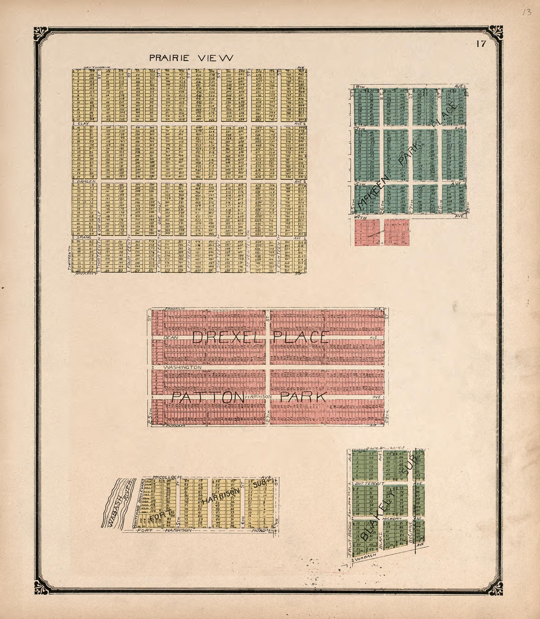 Prairie View, Drexel Place, &amp; Patton Park from Standard Atlas of Vigo County, Indiana : Including a Plat Book of the Villages, Cities and Townships of the County, Map of State and United States and World 1907 by Relic Map Company